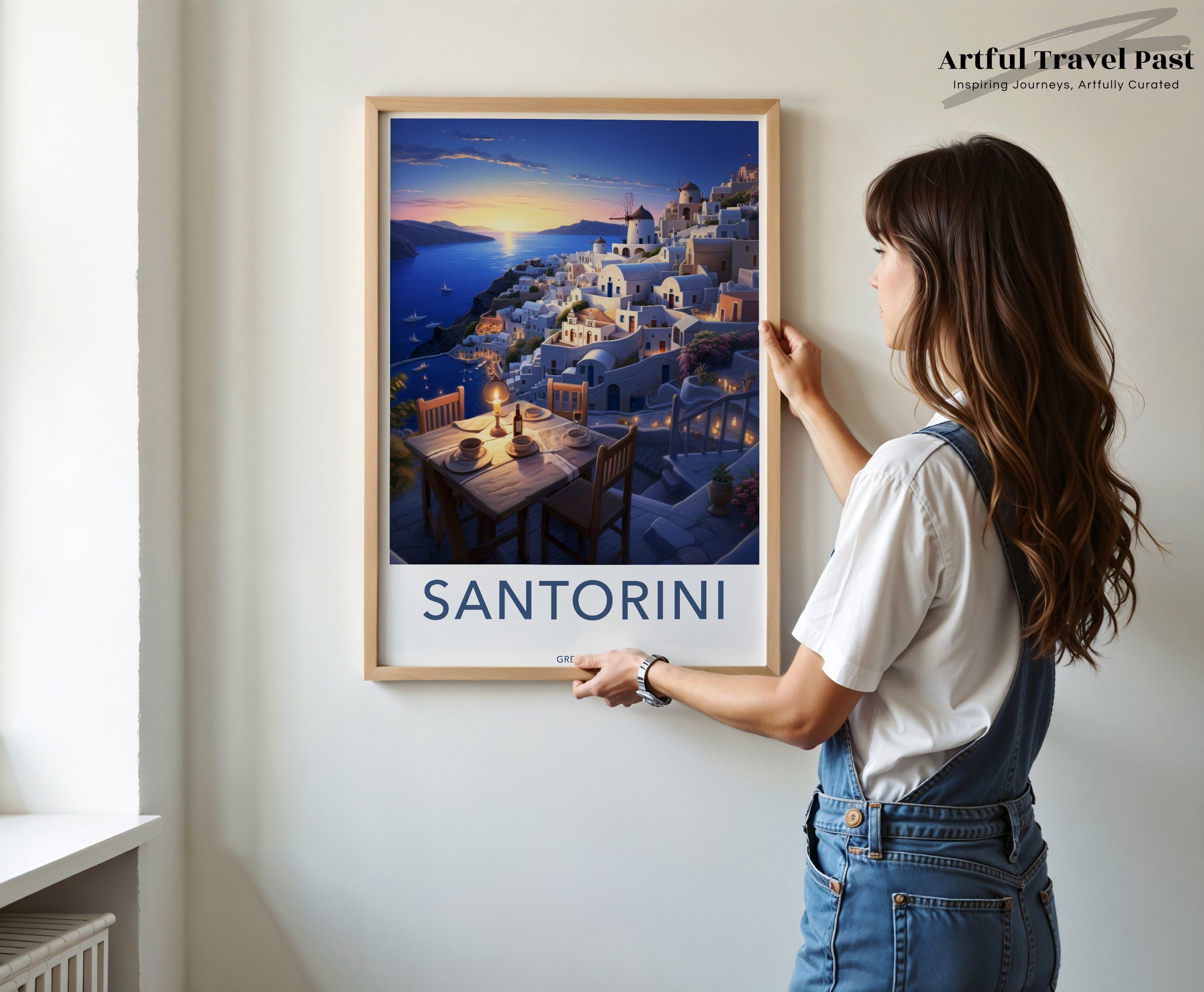 Santorini Sunset Wall Art, Greek Island Landscape, Romantic Greece Decor, Blue and White Houses, Mediterranean Sea View