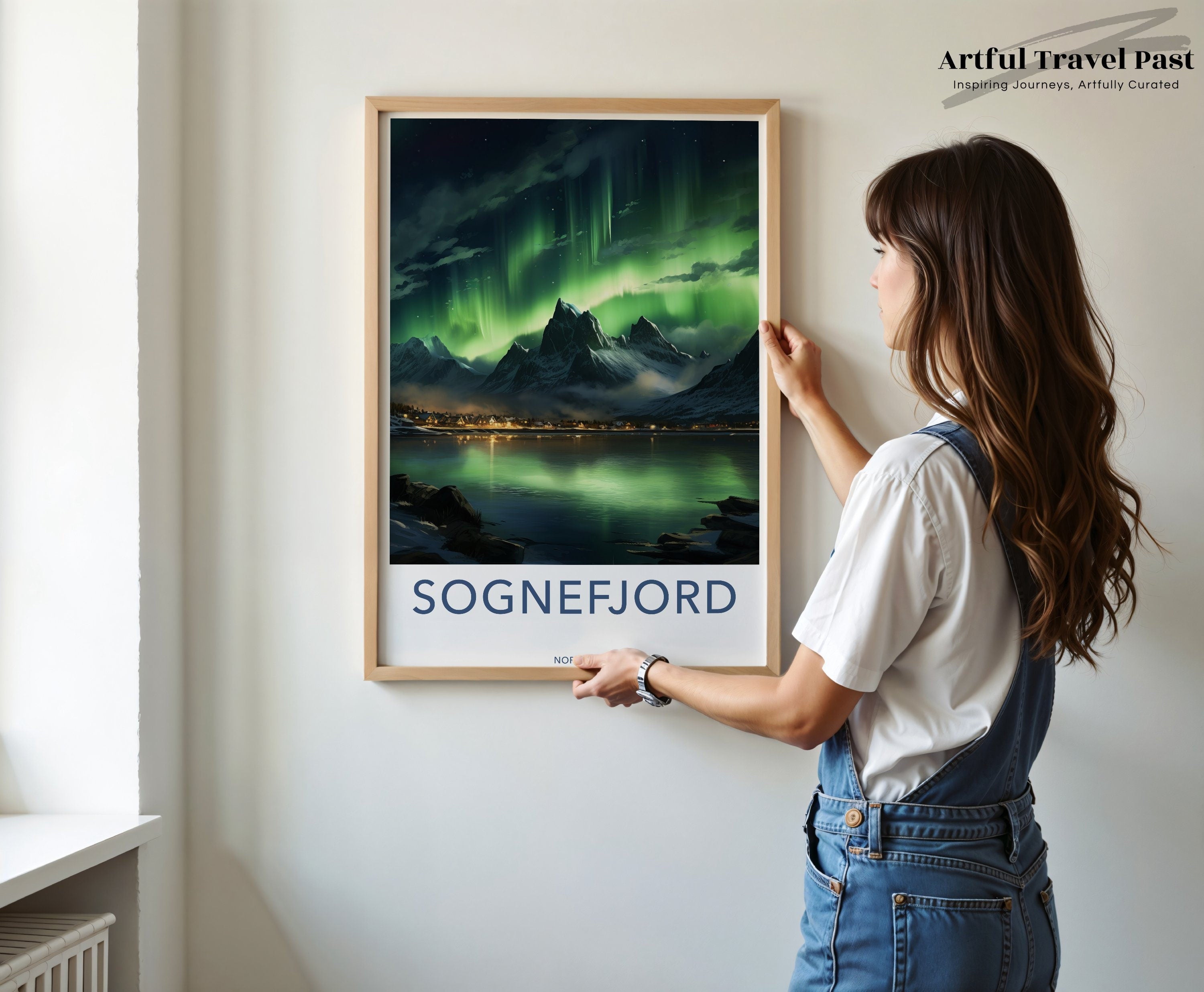 Sognefjord Norway Northern Lights Wall Art, Scandinavian Landscape Poster, Aurora Borealis Art Print, Mountain Lake Decor