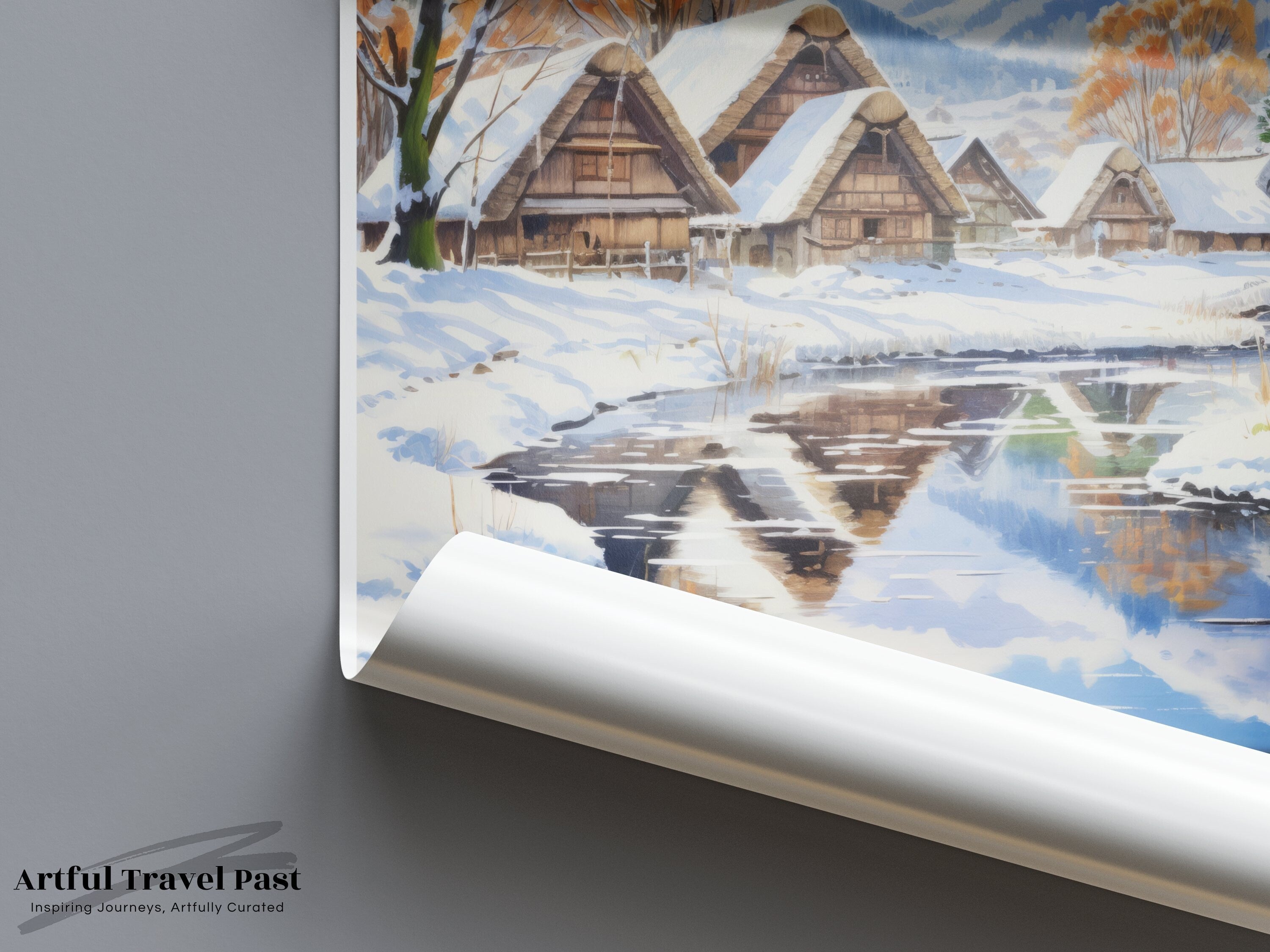 Shirakawa Japan Winter Village Scene, Snowy Landscape Wall Art, Traditional Japanese Houses, Serene Reflection Print, Nature Poster