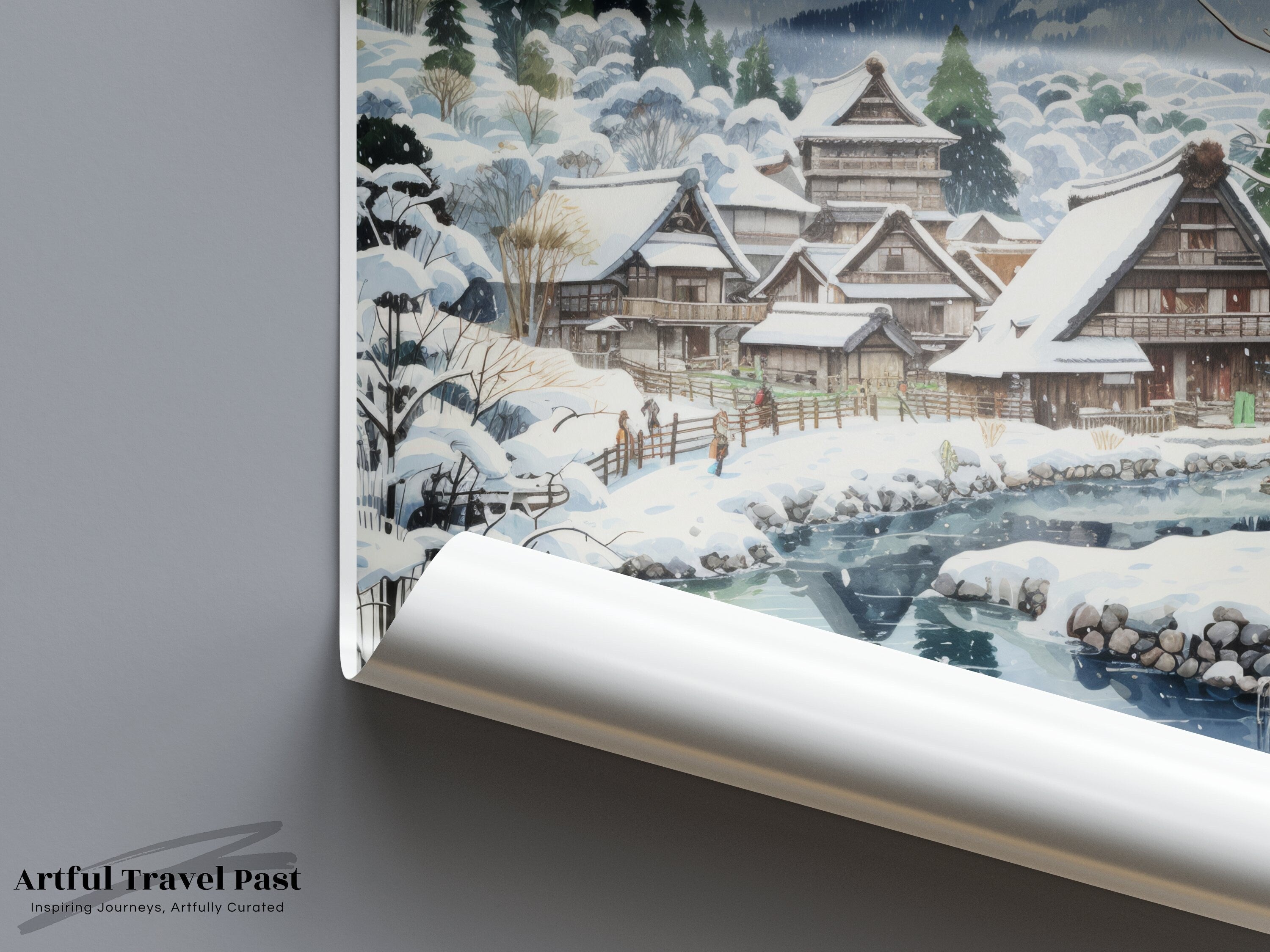 Shirakawa Japan Wall Art, Traditional Japanese Village Print, Snowy Mountain Scene Poster, Cultural Landscape Decor