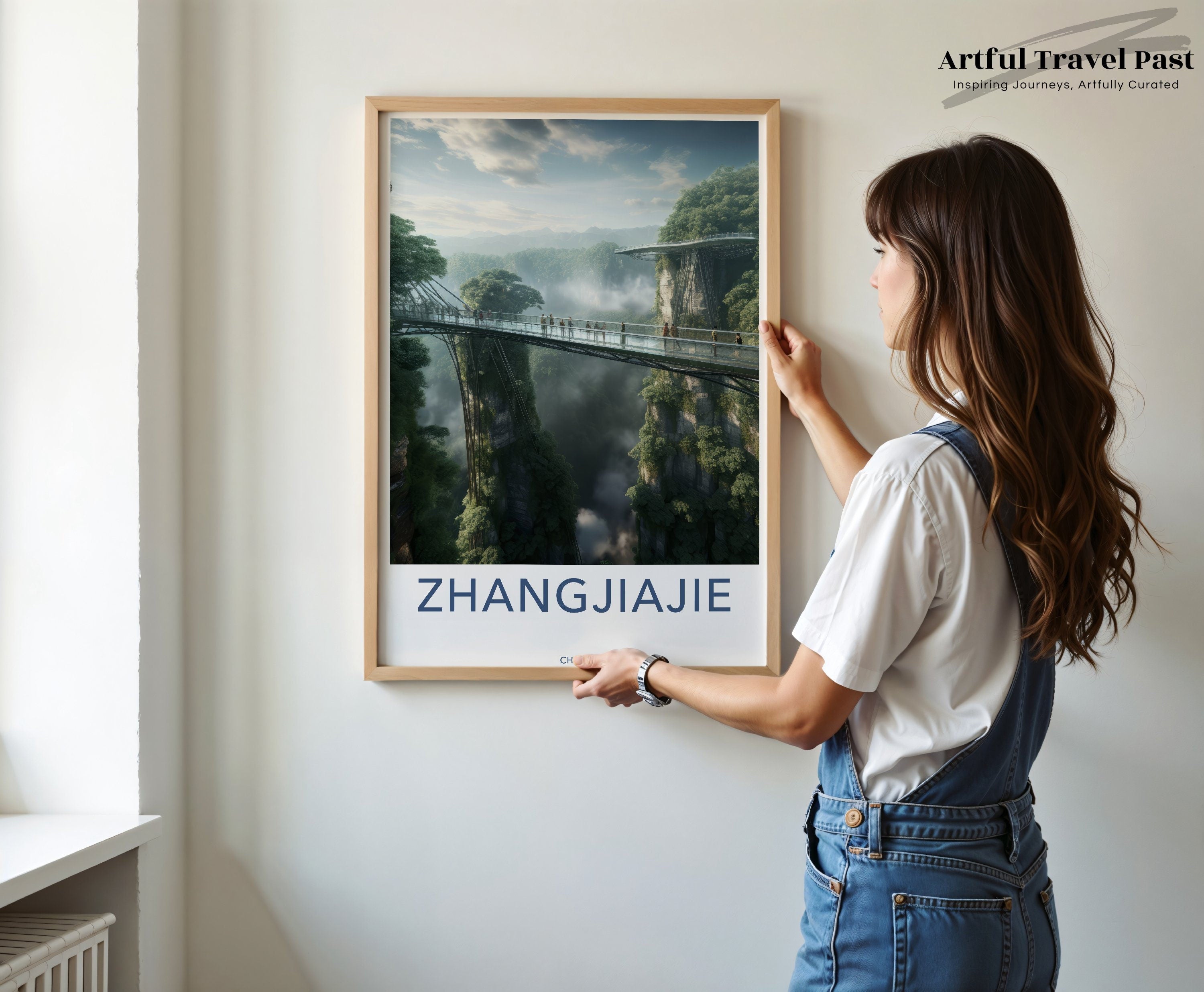 Zhangjiajie Wall Art, Scenic China Landscape Poster, Mountain Bridge Print, Nature Decor, Modern Travel Photography, Home Office Decor