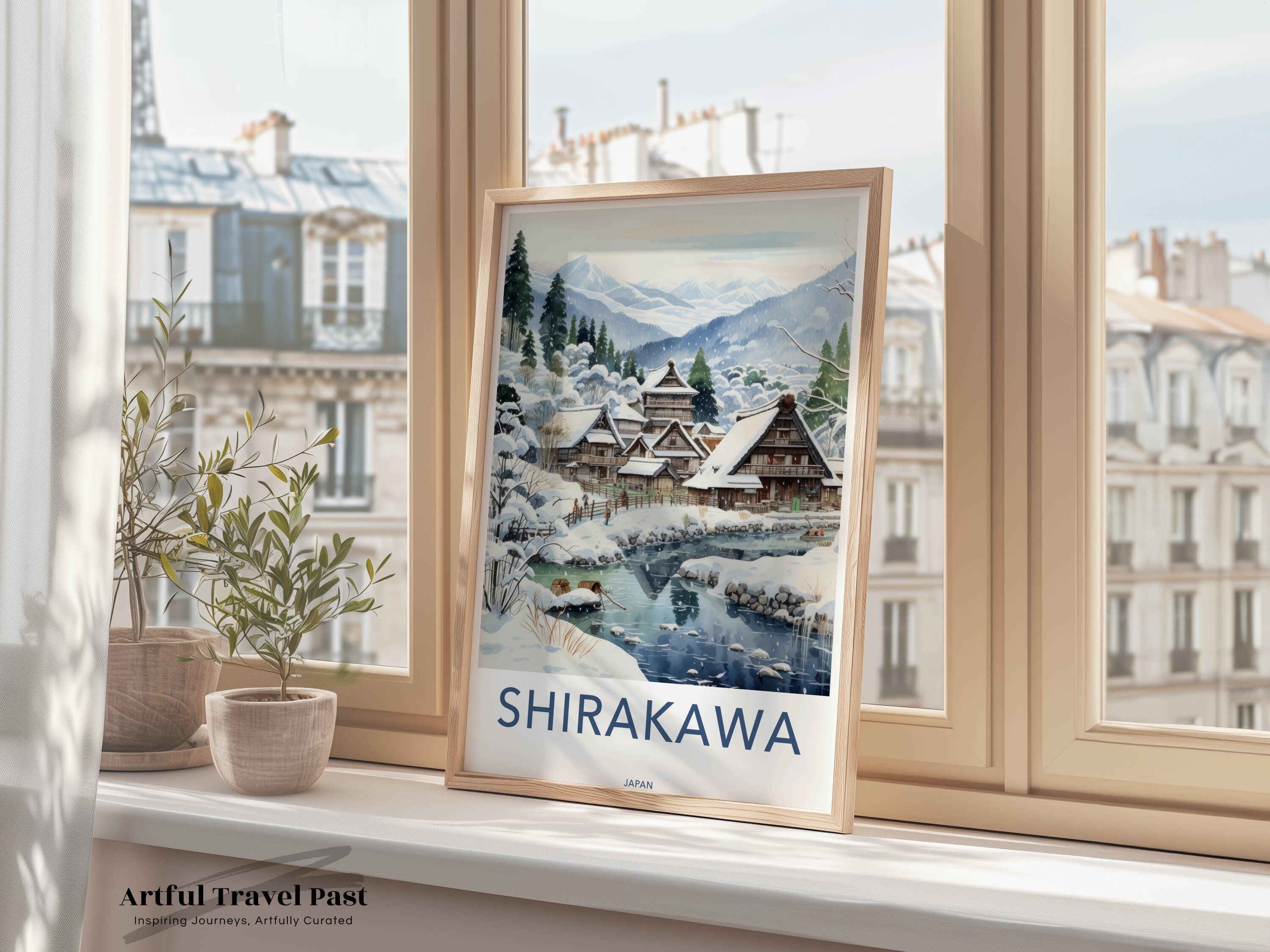 Shirakawa Japan Wall Art, Traditional Japanese Village Print, Snowy Mountain Scene Poster, Cultural Landscape Decor