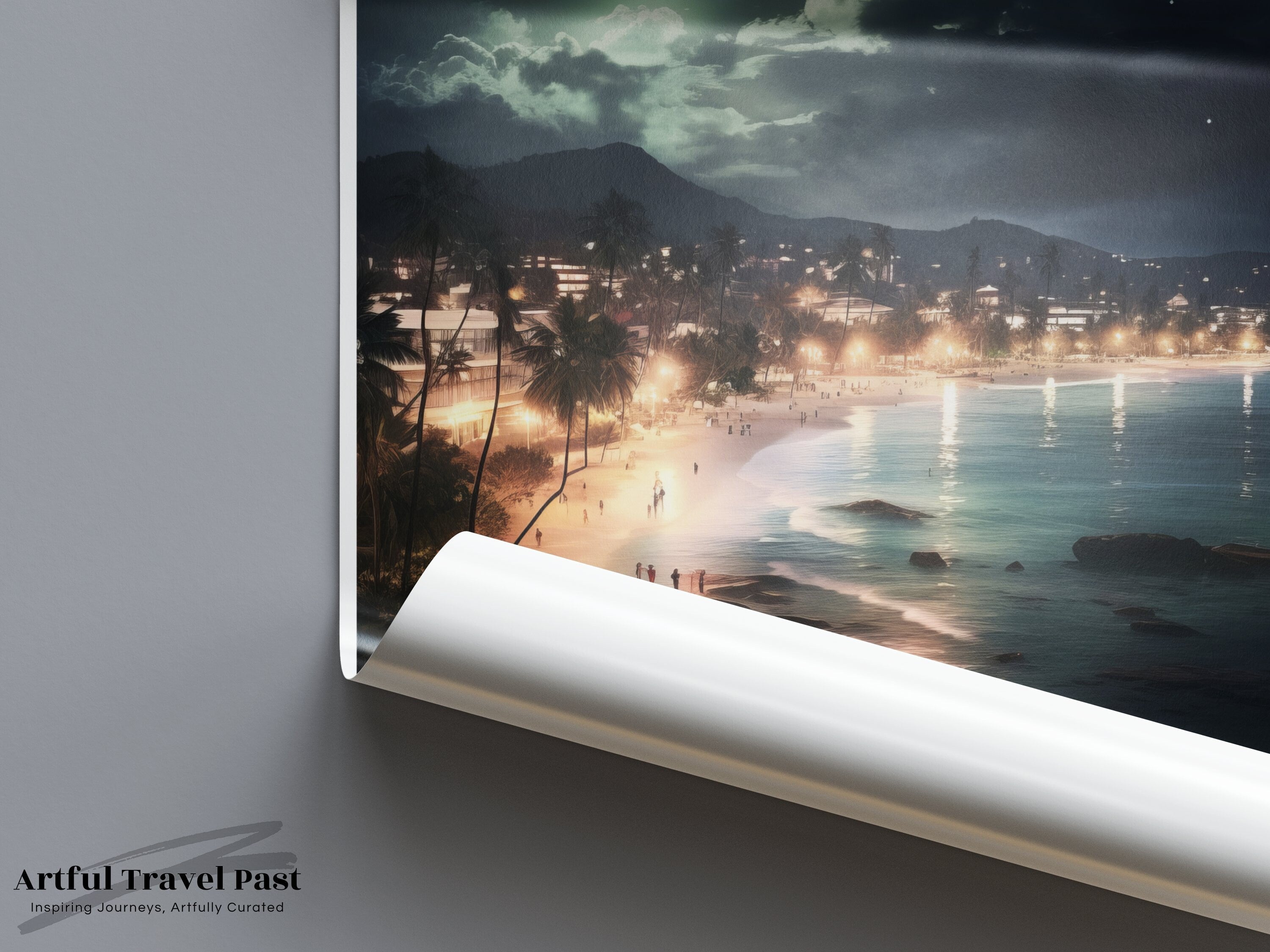 Unawatuna Beach Night Scene Wall Art, Moonlit Coastal Print, Scenic Beach Landscape Art, Tropical Seaside View, Art Decor