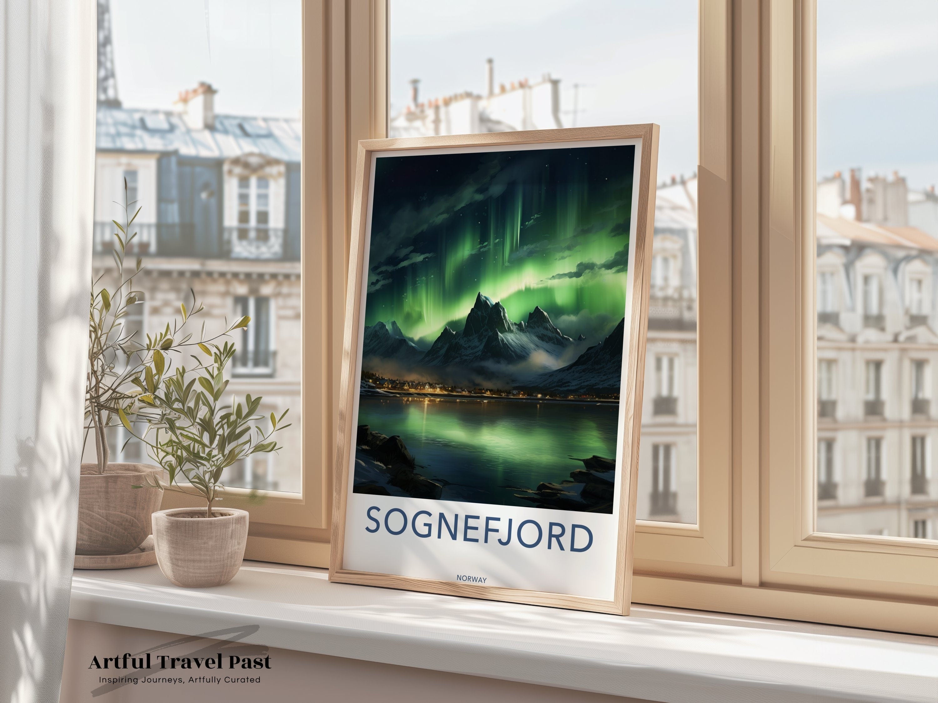 Sognefjord Norway Northern Lights Wall Art, Scandinavian Landscape Poster, Aurora Borealis Art Print, Mountain Lake Decor