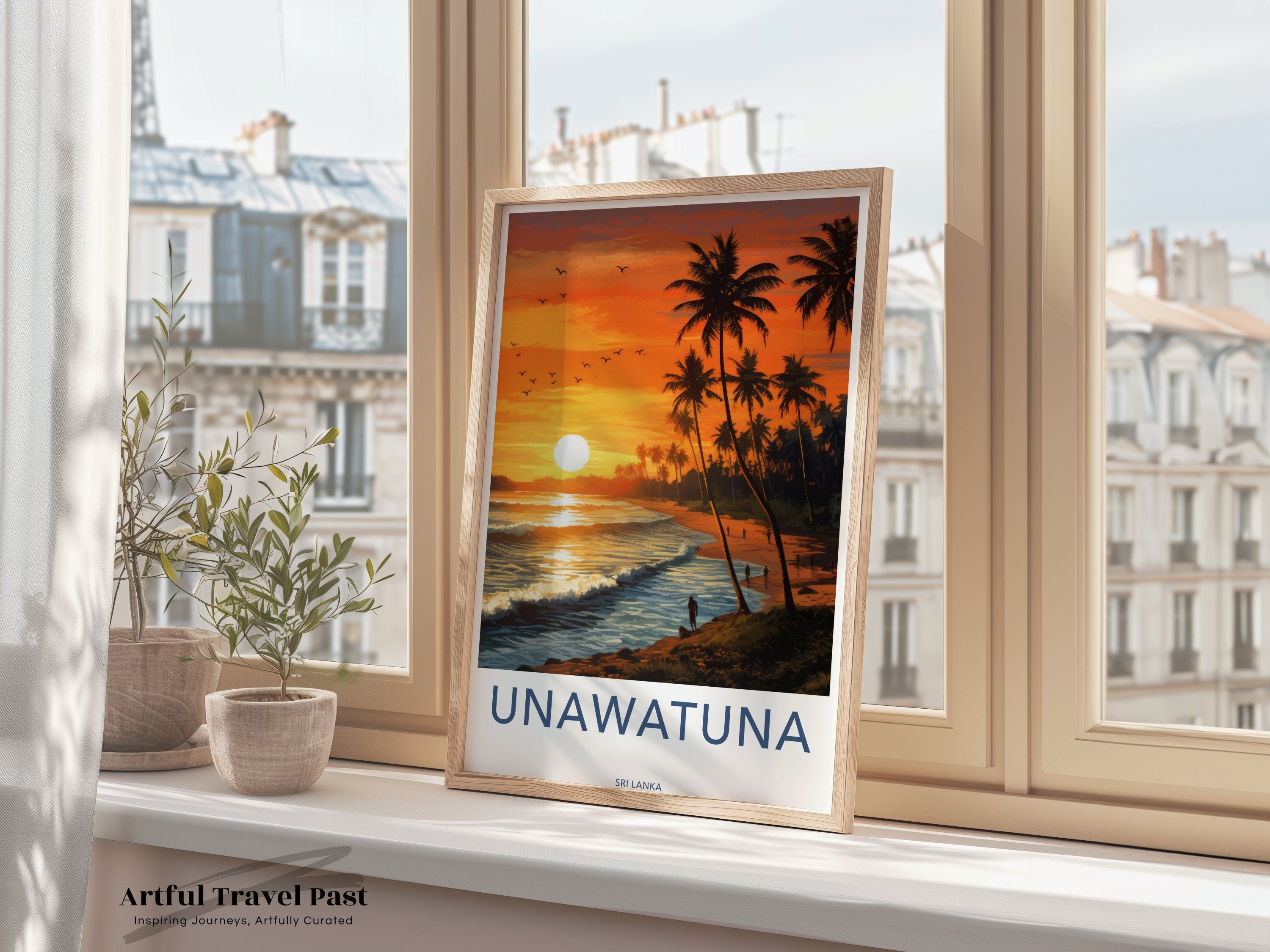 Unawatuna Beach Wall Art, Sri Lanka Coastal Sunset Print, Tropical Paradise Decor, Ocean View Poster, Sun and Palm Trees Artwork