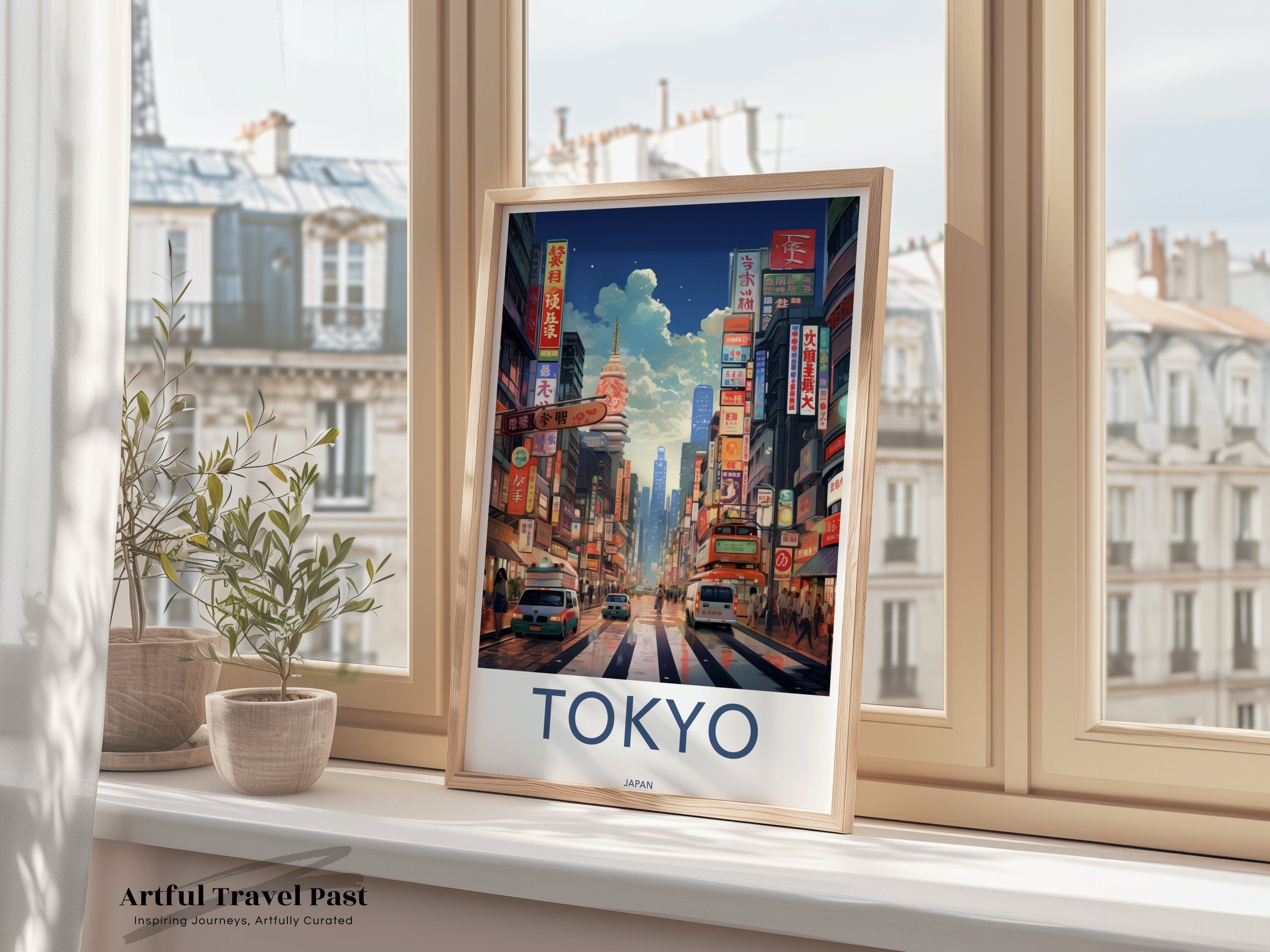 Tokyo cityscape wall art, vibrant downtown print, bustling street scene decor, colorful urban poster, city lights artwork, skyline