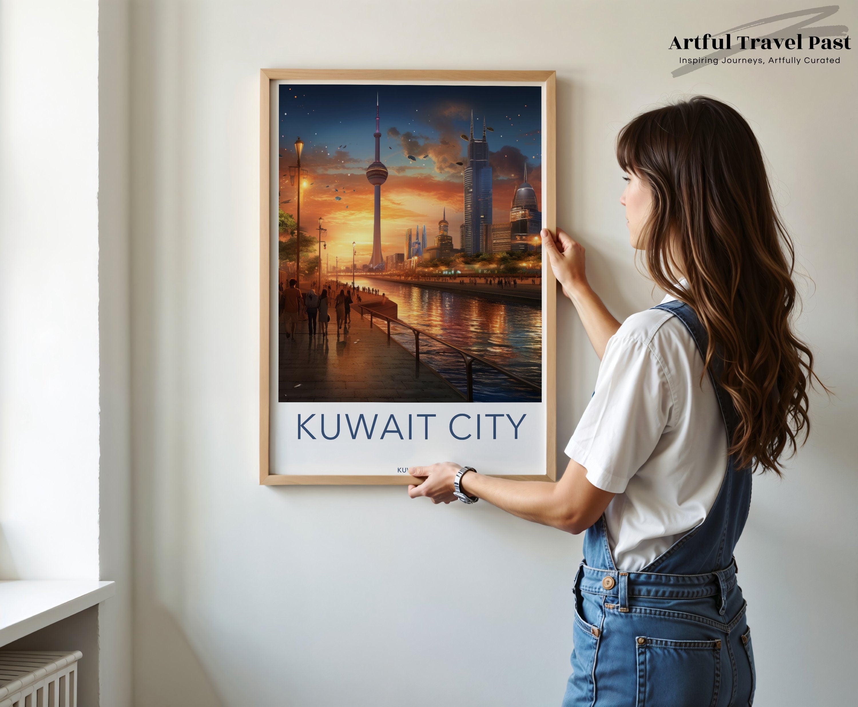 Kuwait City skyline wall art, Modern cityscape poster, Middle Eastern architecture decor, Urban night scene print, Sunset artwork