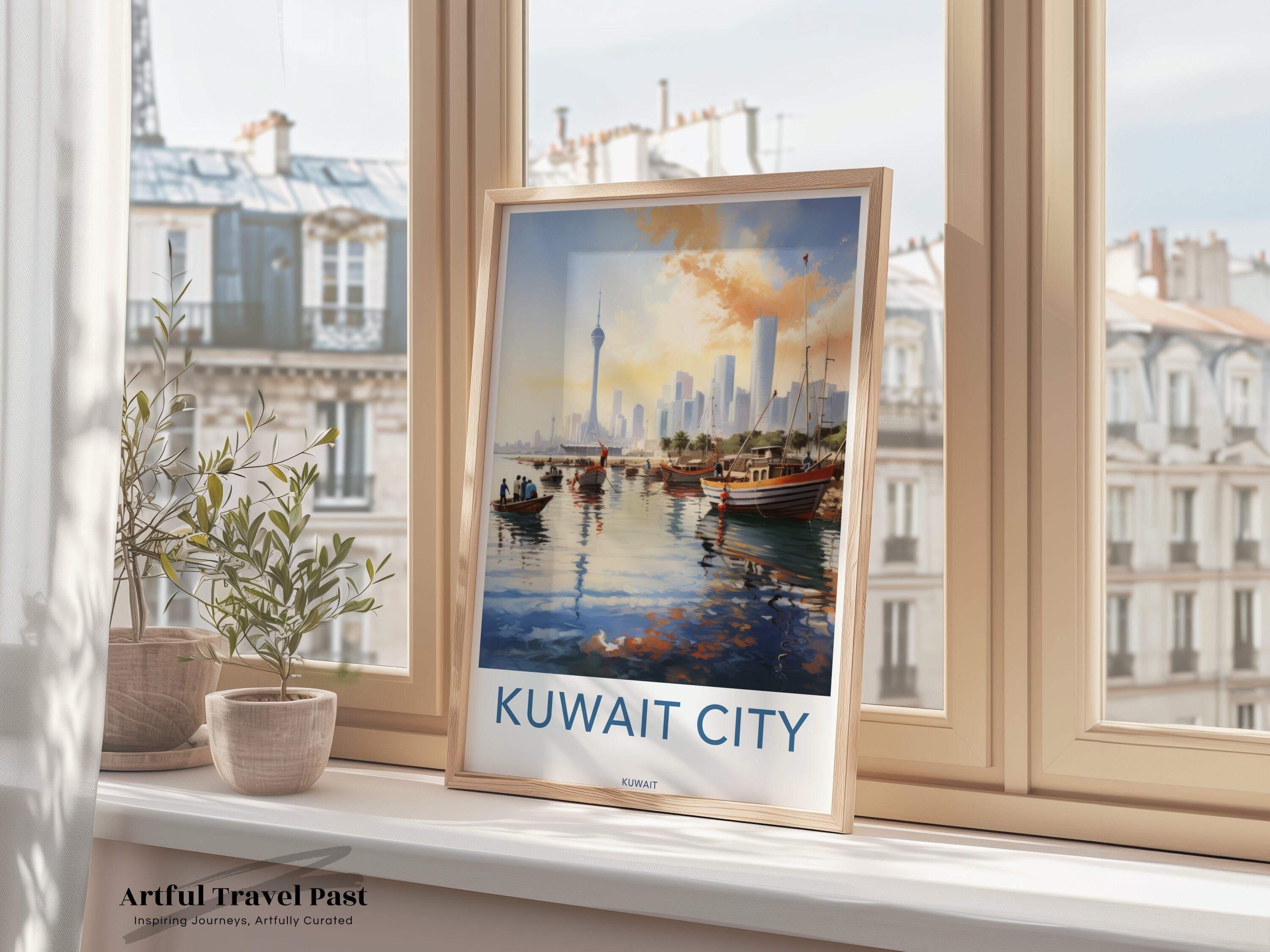 Kuwait City Waterfront Skyline, Traditional Boats Artwork, Iconic Landmarks Illustration, Vibrant Urban Scene Wall Print Decor