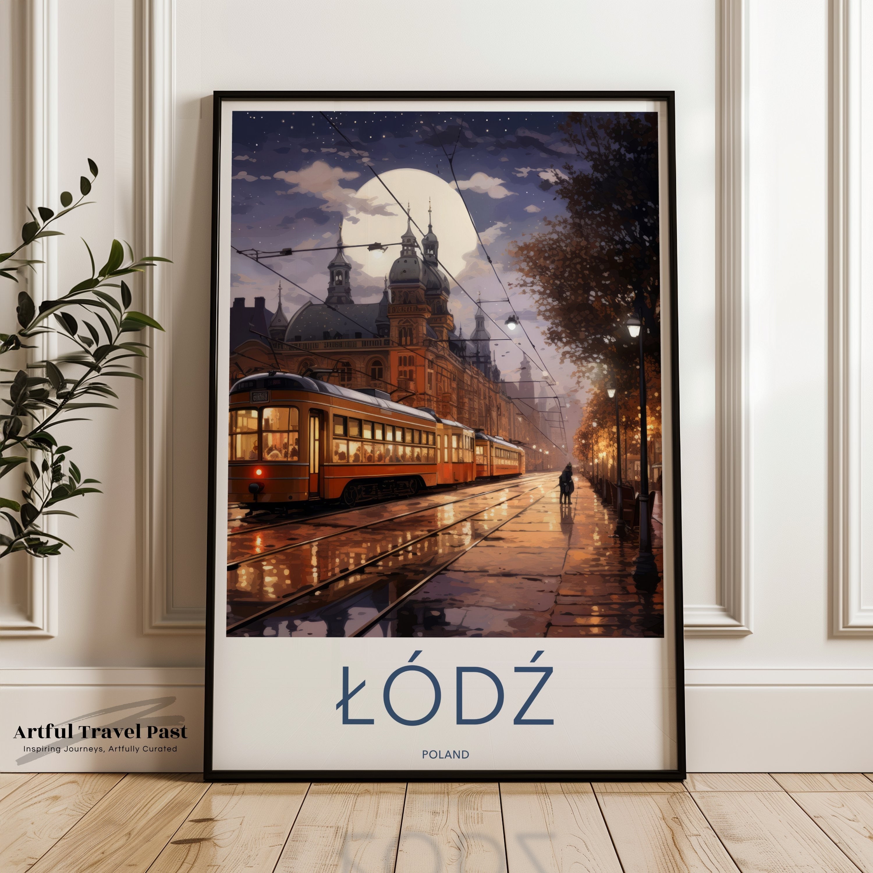 Lodz Poland Wall Art Print, Historical Cityscape Art, Night Scene with Trams, Architectural Wonders Poster, European Urban Decor