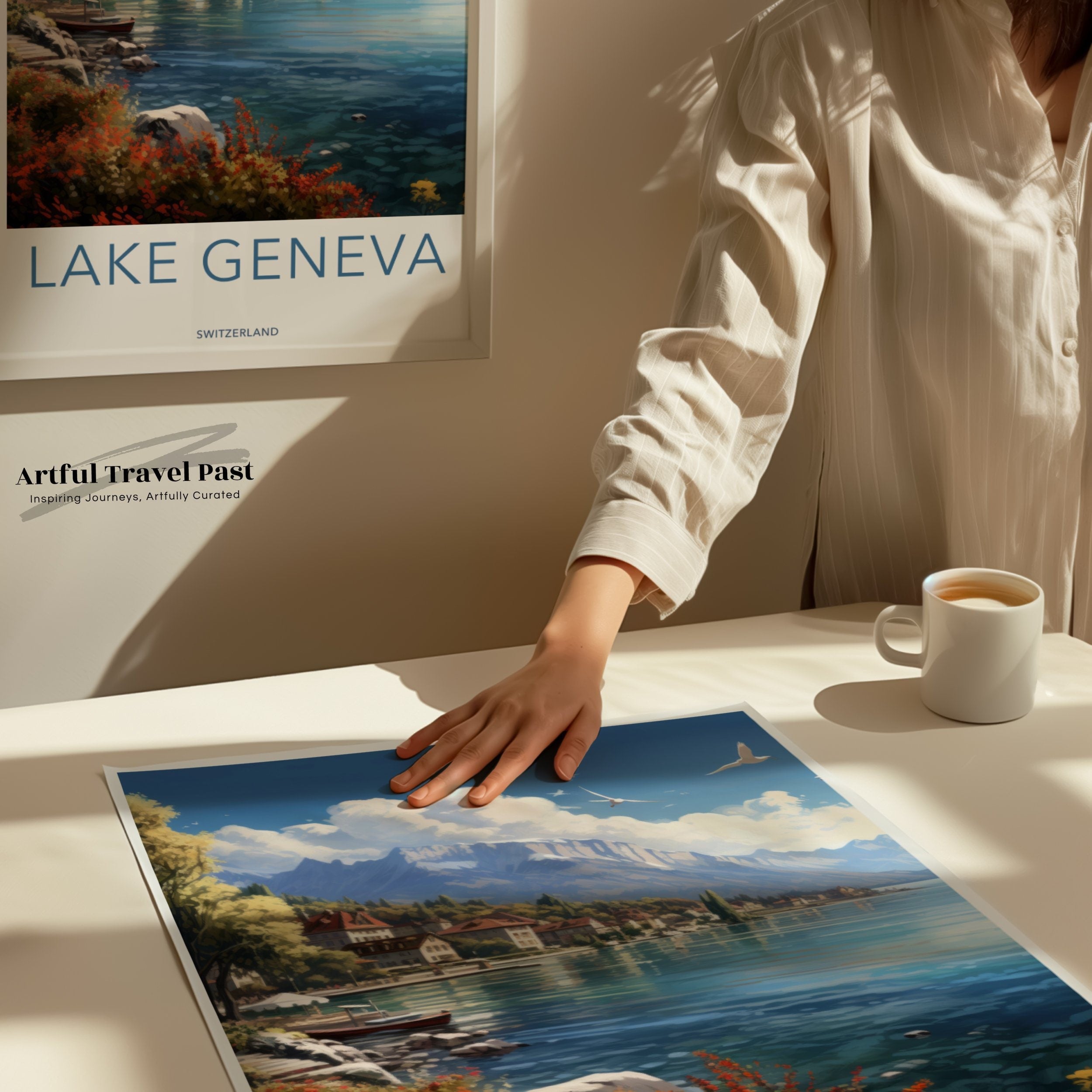 Lake Geneva Switzerland Poster, Swiss Landscape Wall Art, Scenic Mountain Lake Print, Swiss Alps Artwork, Travel Art Decor