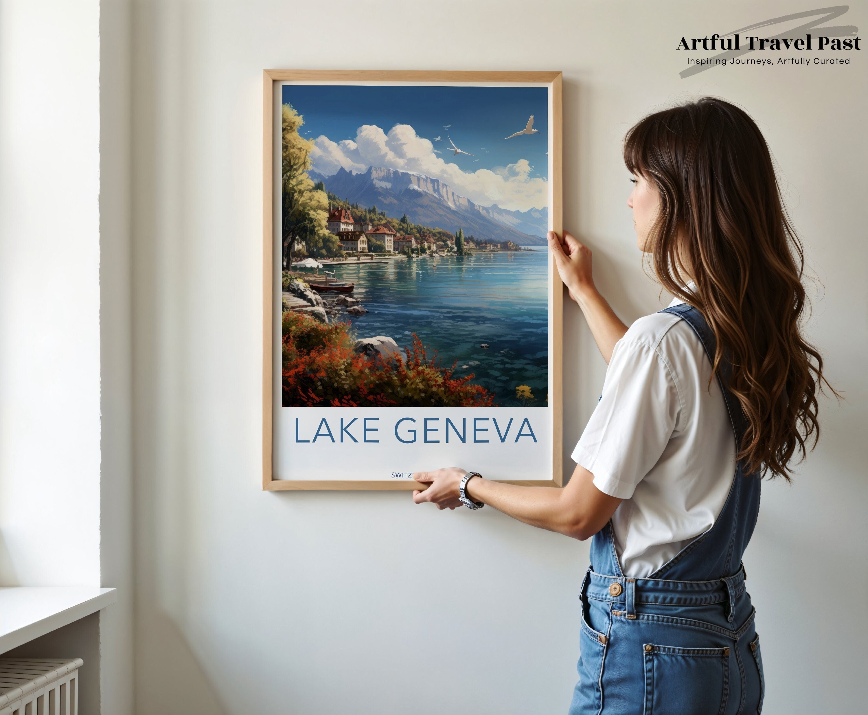 Lake Geneva Switzerland Poster, Swiss Landscape Wall Art, Scenic Mountain Lake Print, Swiss Alps Artwork, Travel Art Decor