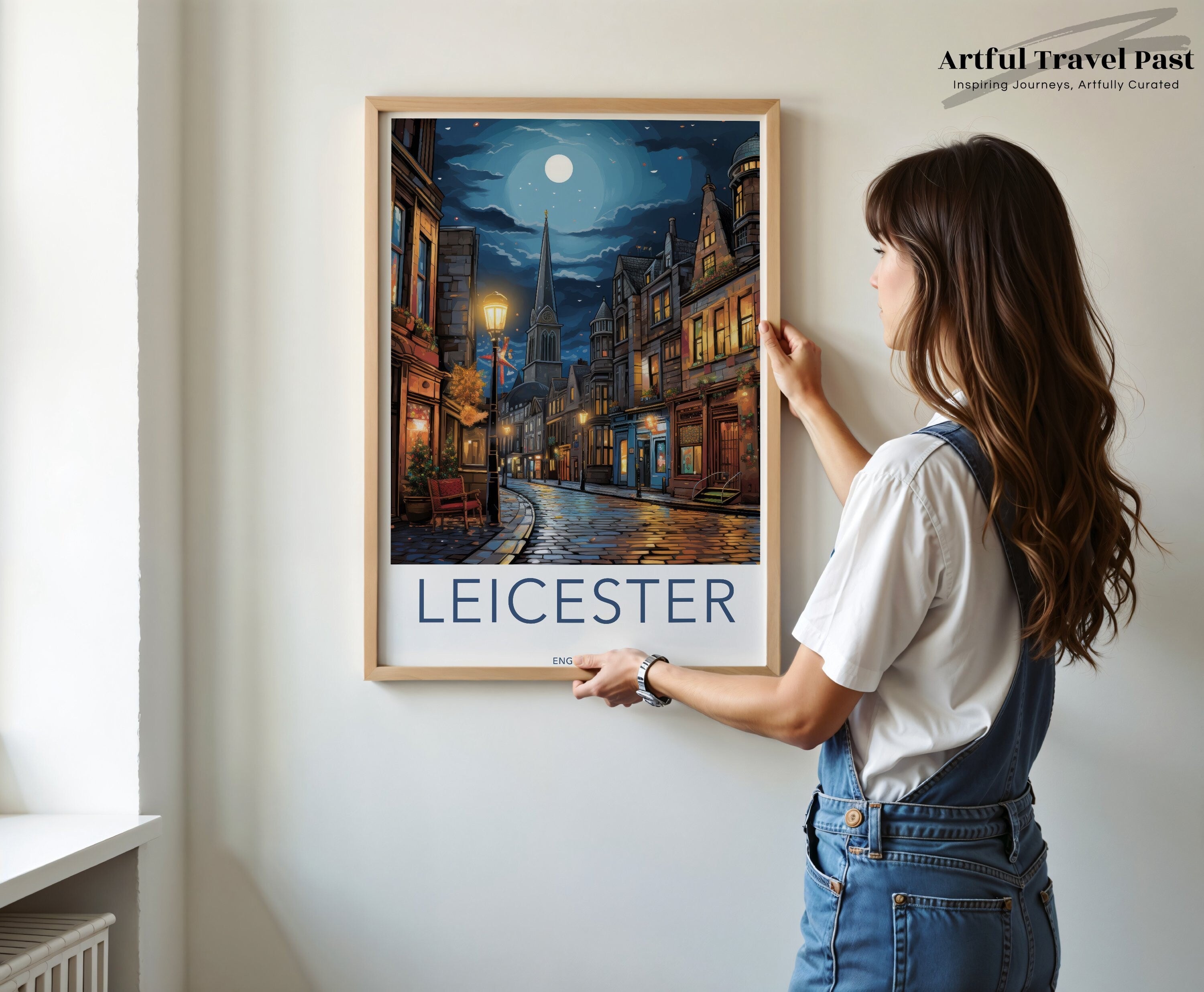 Leicester Wall Art Print, Night Street Scene Artwork, Historic Cityscape Poster, Beautiful Old Town Architecture, Moonlit Street Decor