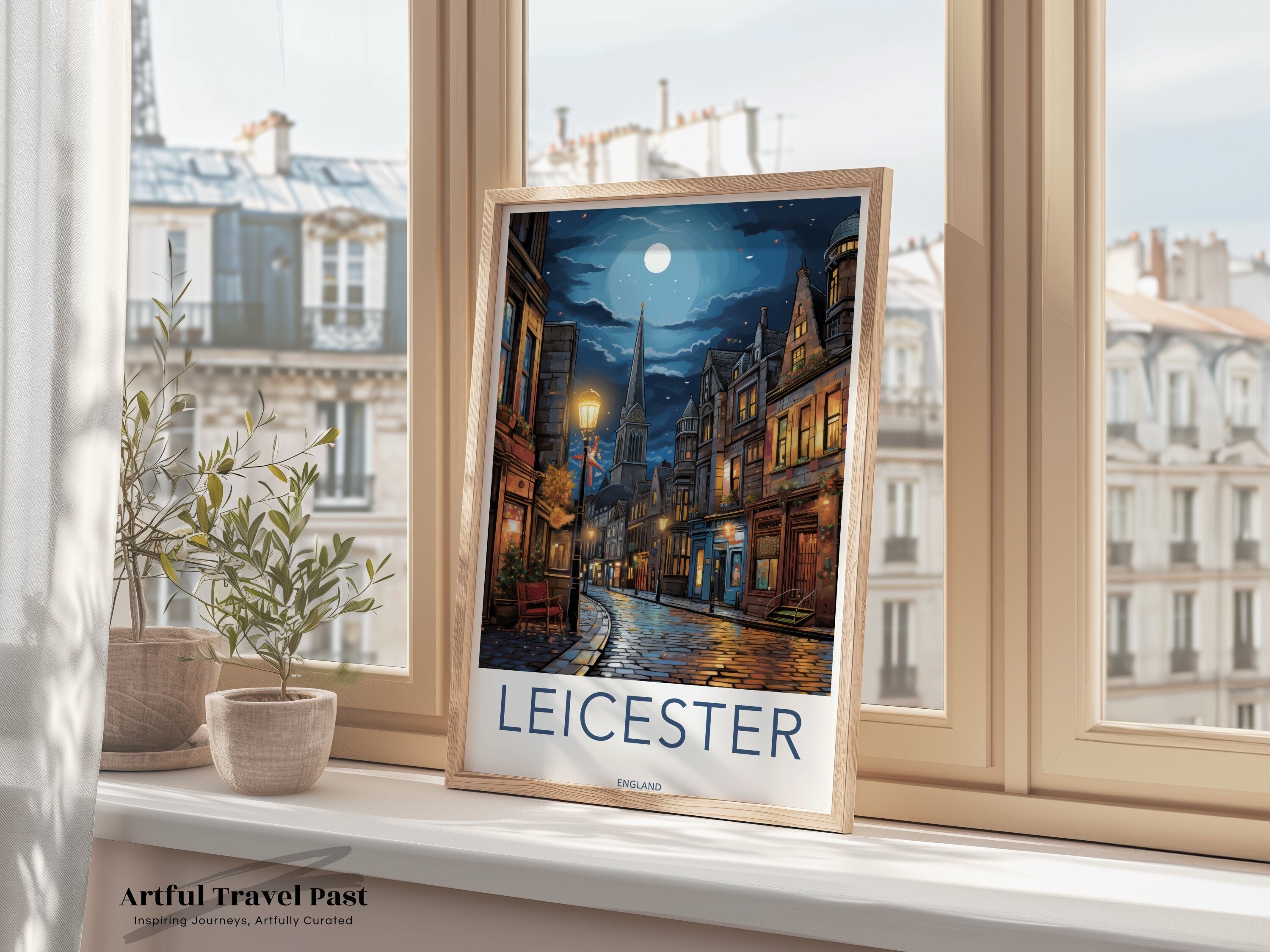 Leicester Wall Art Print, Night Street Scene Artwork, Historic Cityscape Poster, Beautiful Old Town Architecture, Moonlit Street Decor