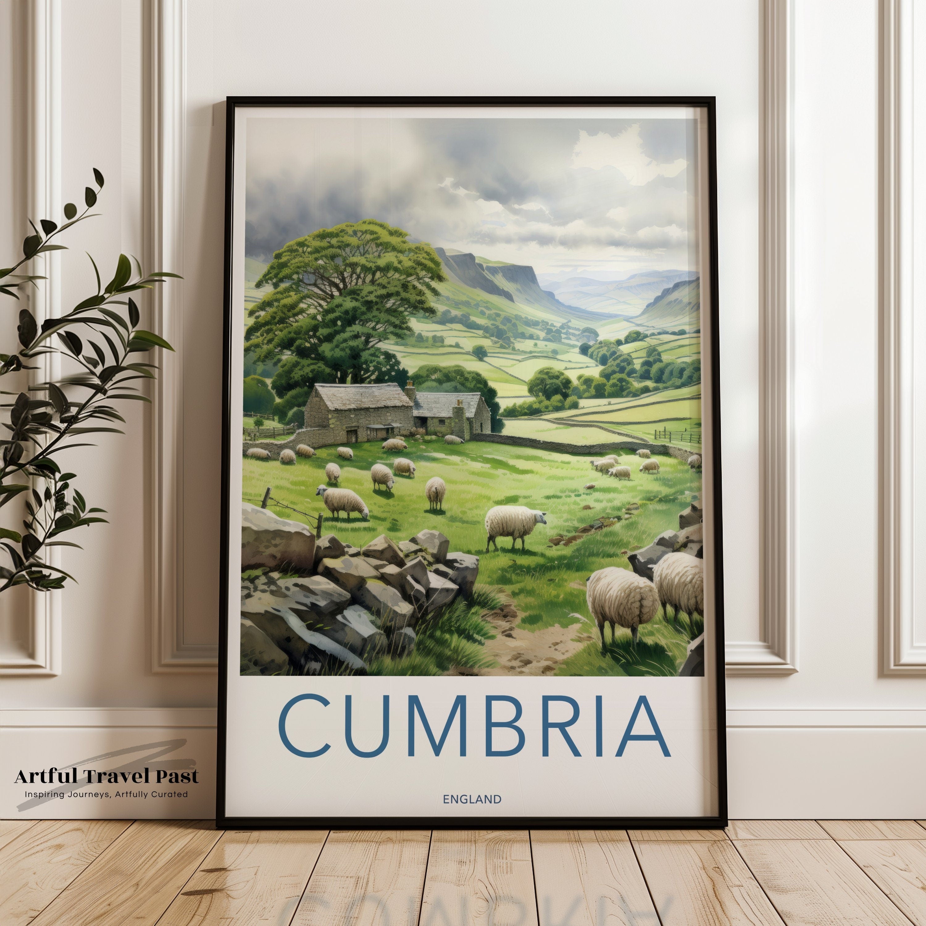 Cumbria Wall Art, English Countryside Decor, Sheep Pasture Landscape Print, Rural England Illustration, Rustic Farmhouse Decor