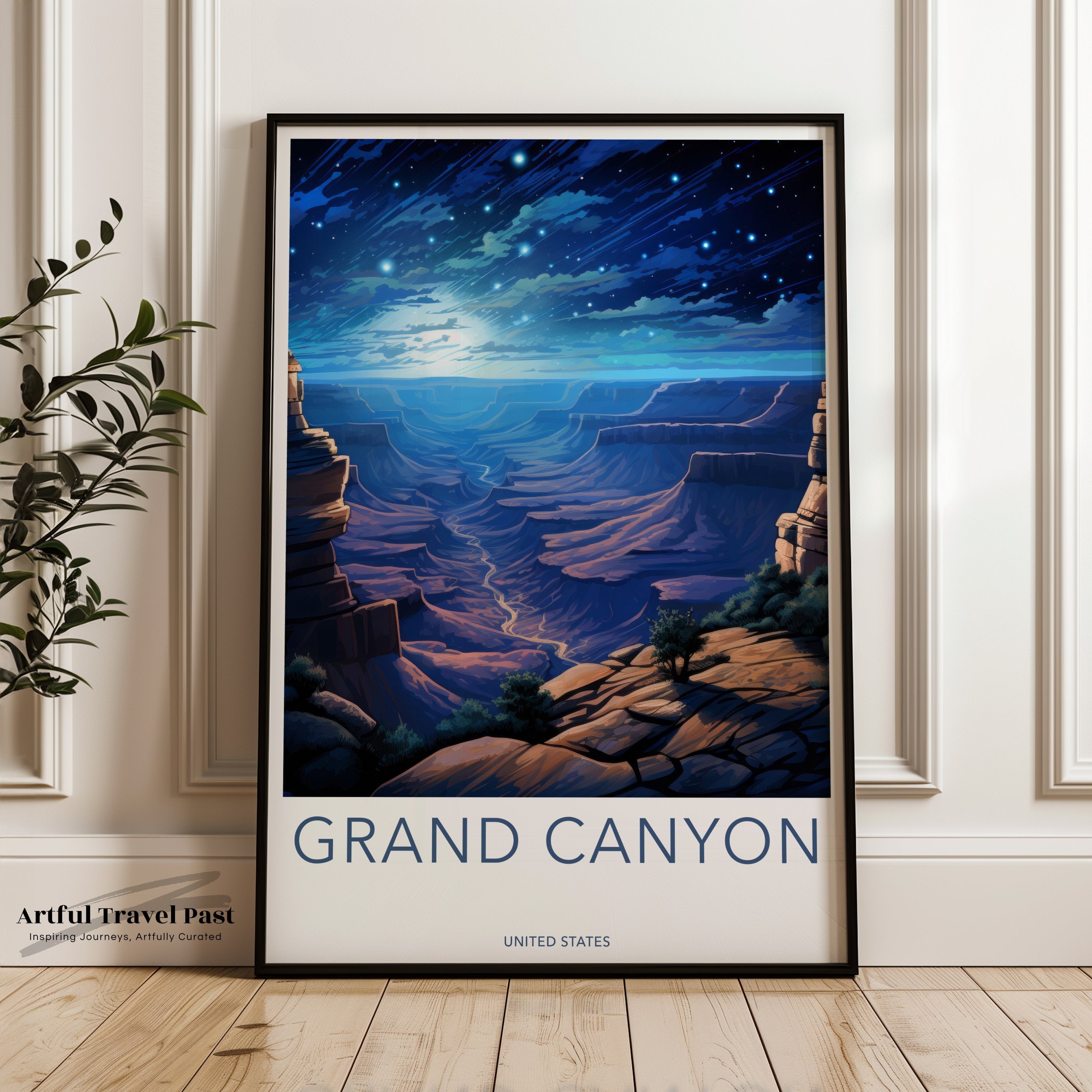 Grand Canyon Wall Art, Vintage Style Poster, Night Sky Illustration, National Park Decor, Scenic Landscape Print, USA Travel Art