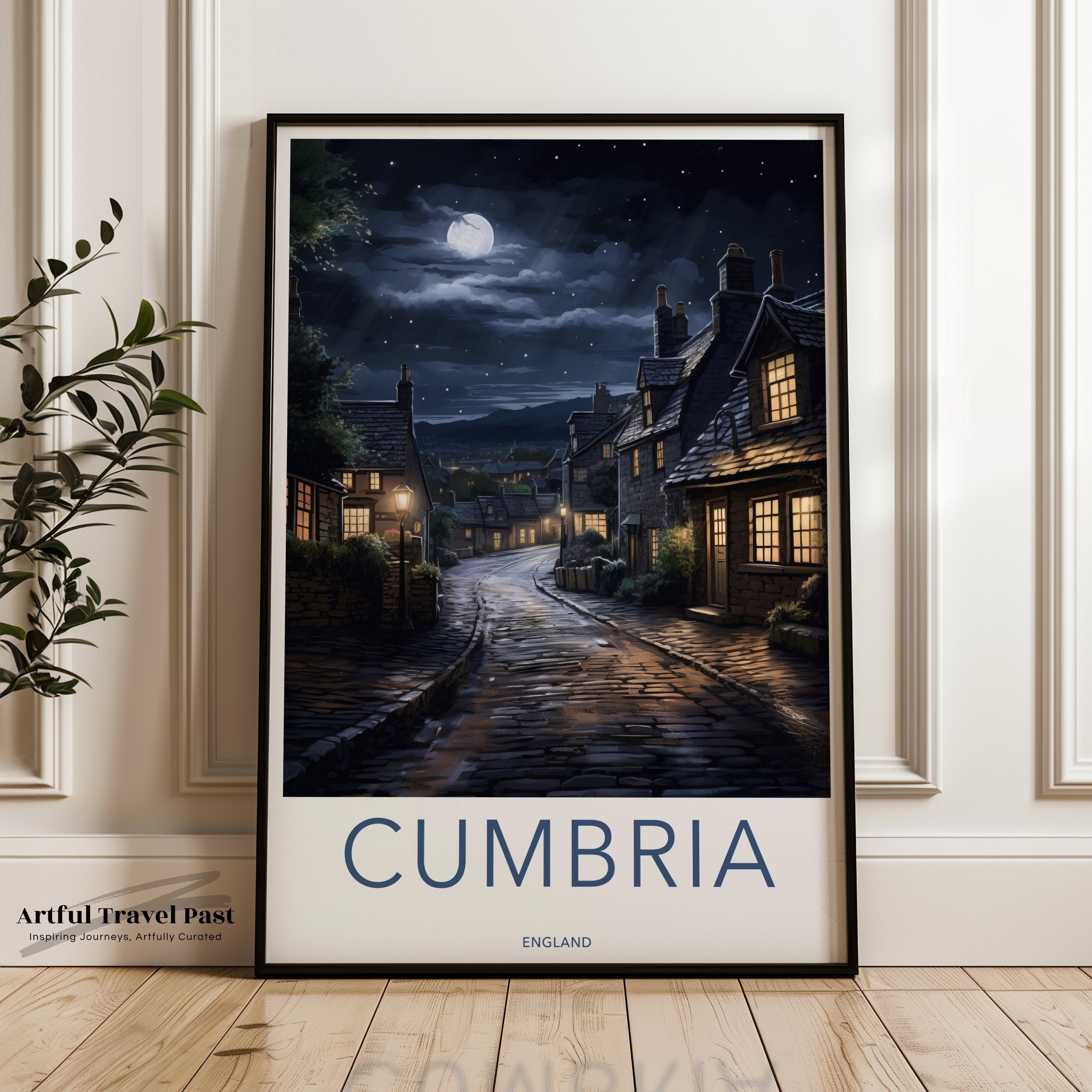 Cumbria England Wall Art, Nighttime Village Scene Art Print, Moonlit Street Artwork, Charming Cottage Decor, Countryside Illustration