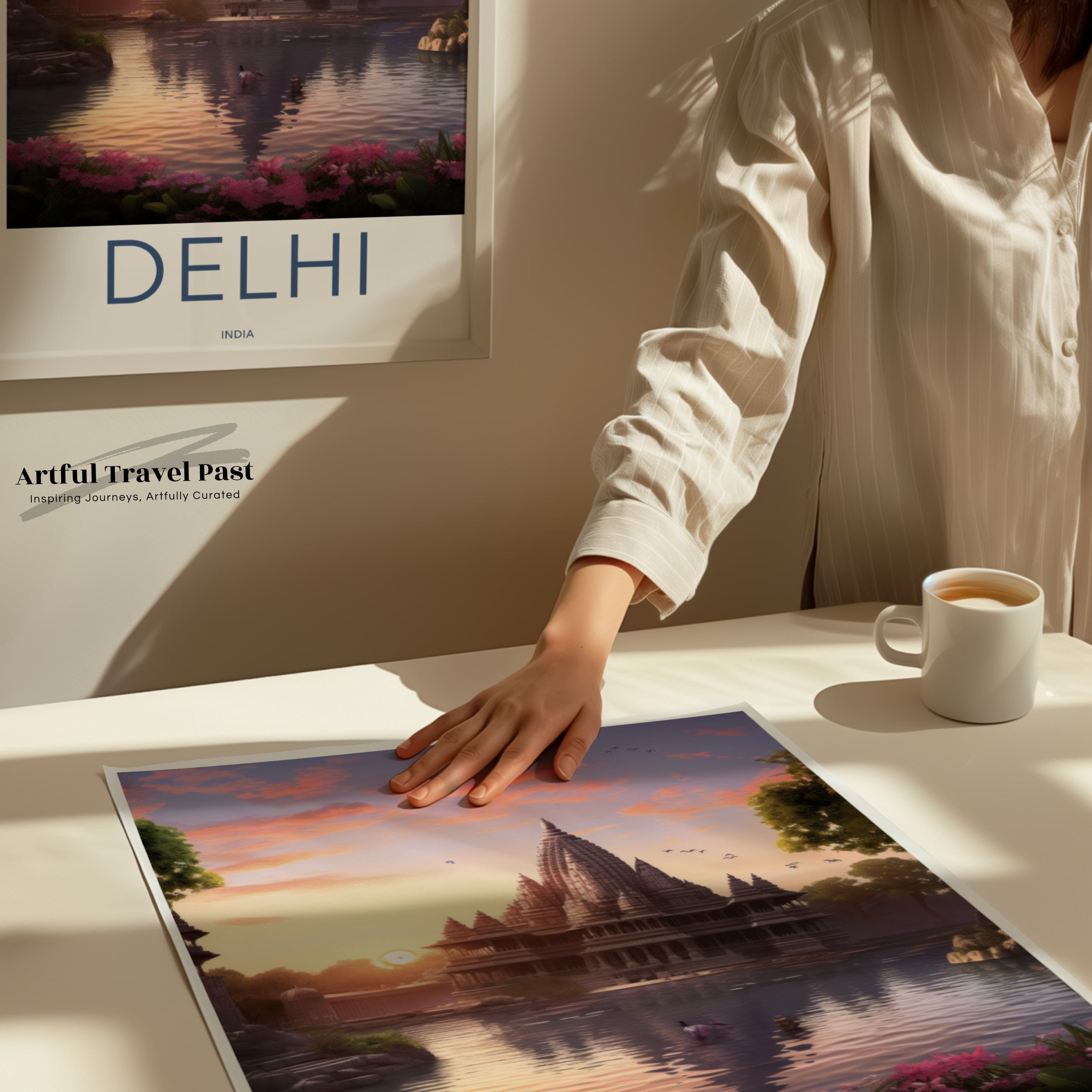 Delhi Wall Art, Sunrise Scene, Historic Temple, Serene Lake, Architectural Beauty, Culture and Nature, Home Decor, Travel Poster