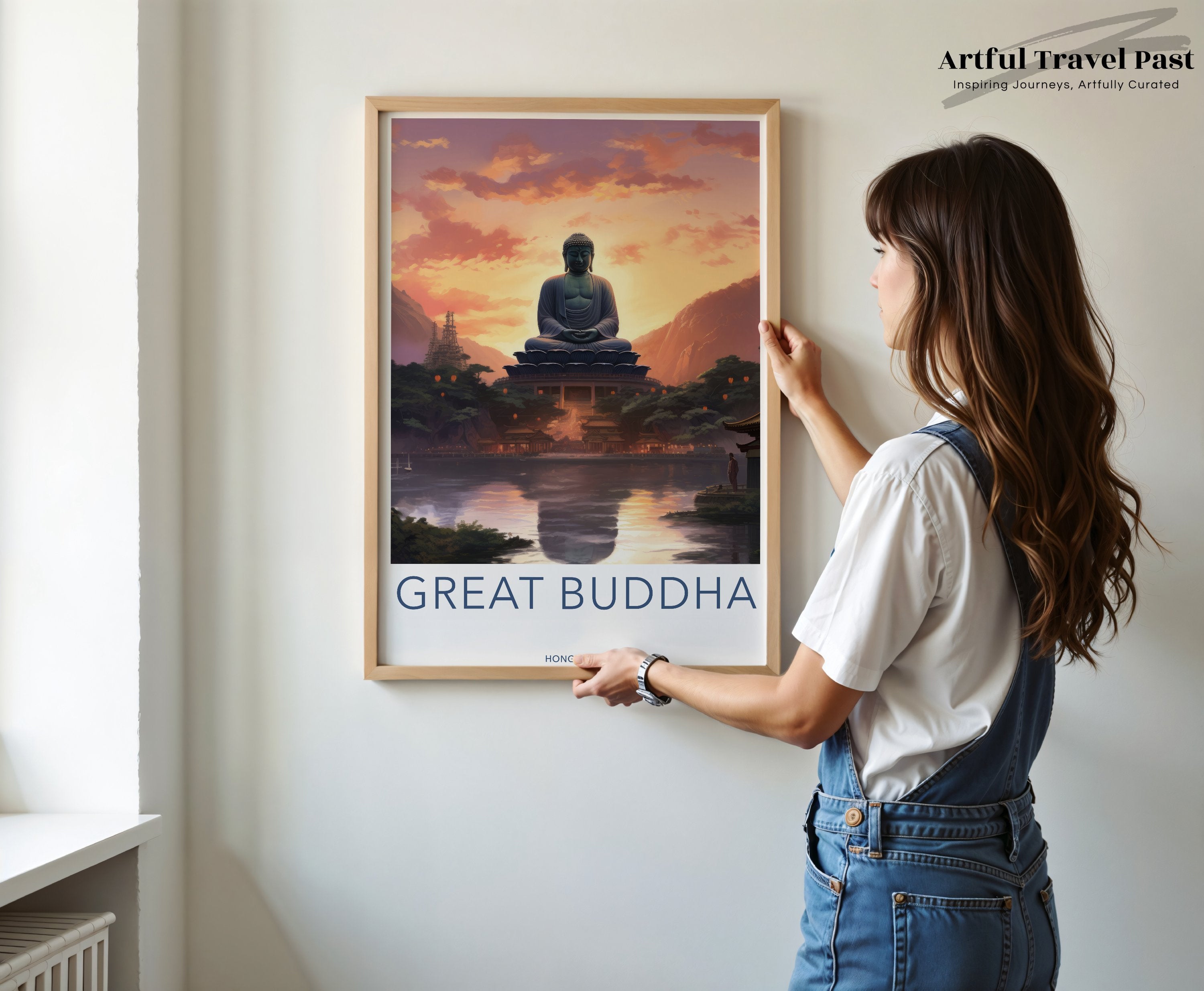 Great Buddha Wall Art, Hong Kong Sunset Scene, Tranquil Landscape, Buddhist Temple Decor, Asian Artwork Print, Spiritual Meditation Decor