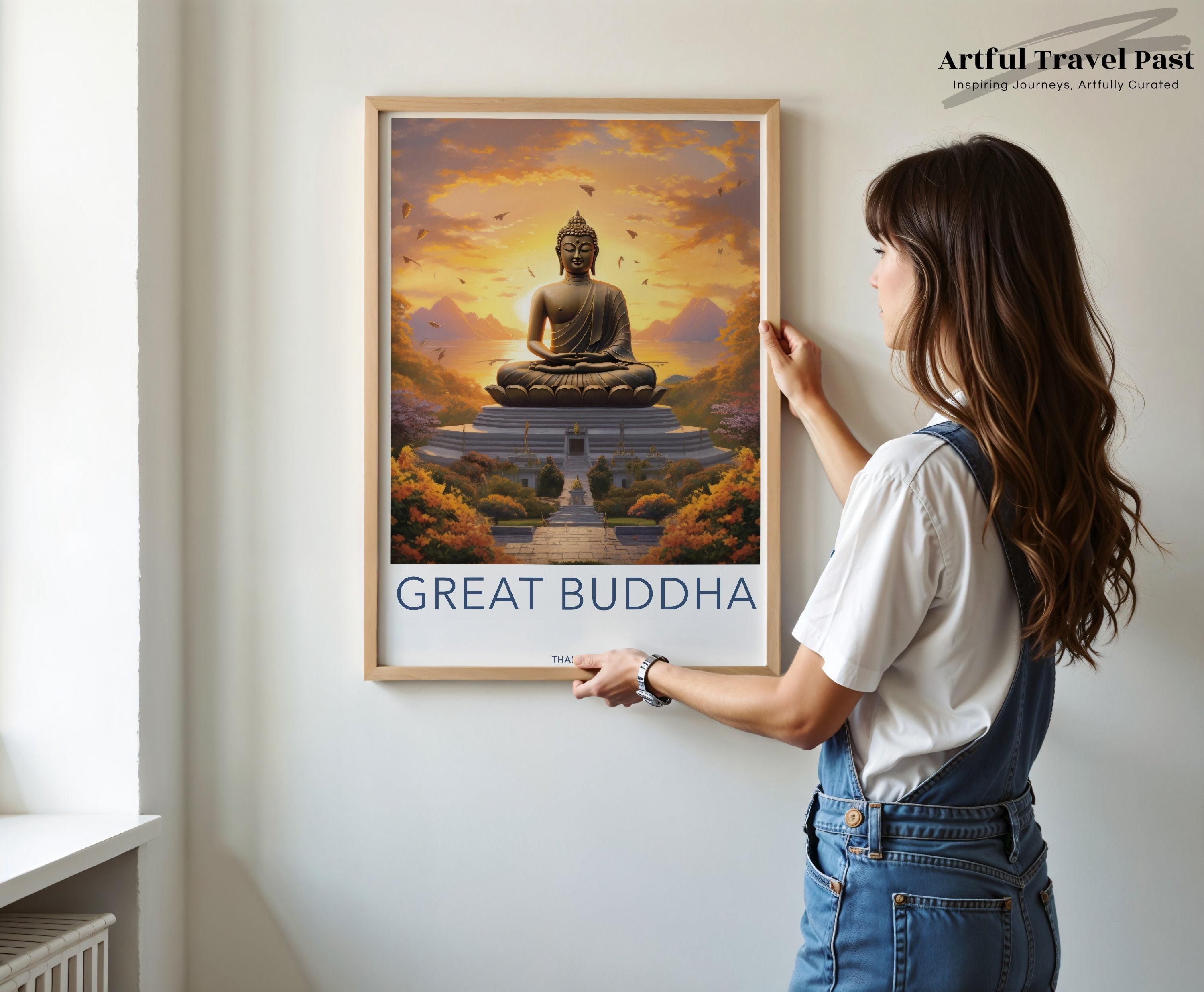 Great Buddha Wall Art, Sunset Over Thai Temple, Spiritual Decor, Tranquil Meditation, Serene Landscape, Zen Home Decor