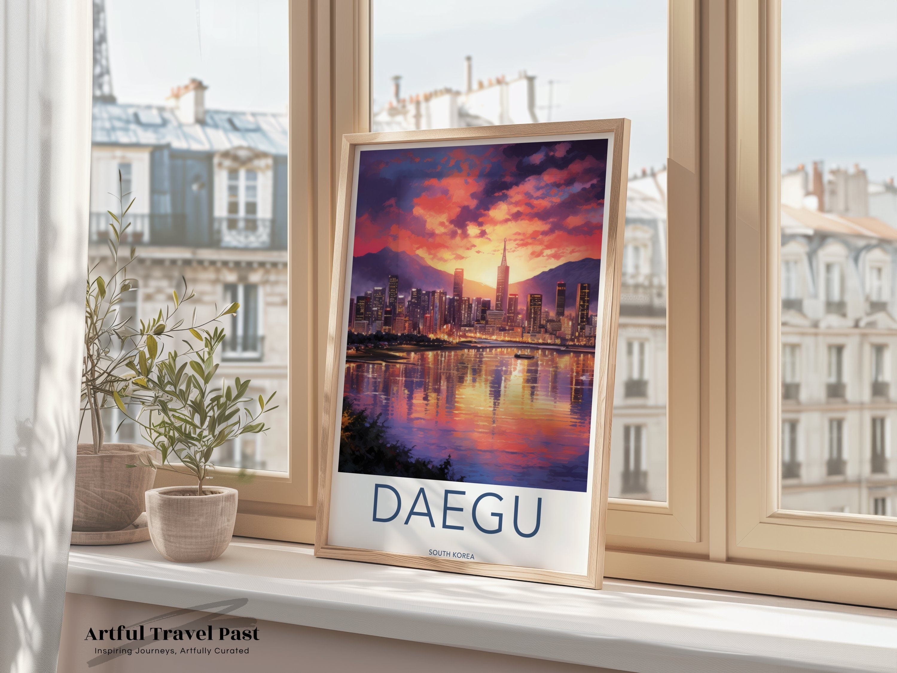 Daegu South Korea Wall Art, Cityscape Skyline Print, Vibrant Sunset Artwork, Modern Home Decor, Urban Night Sky Illustration