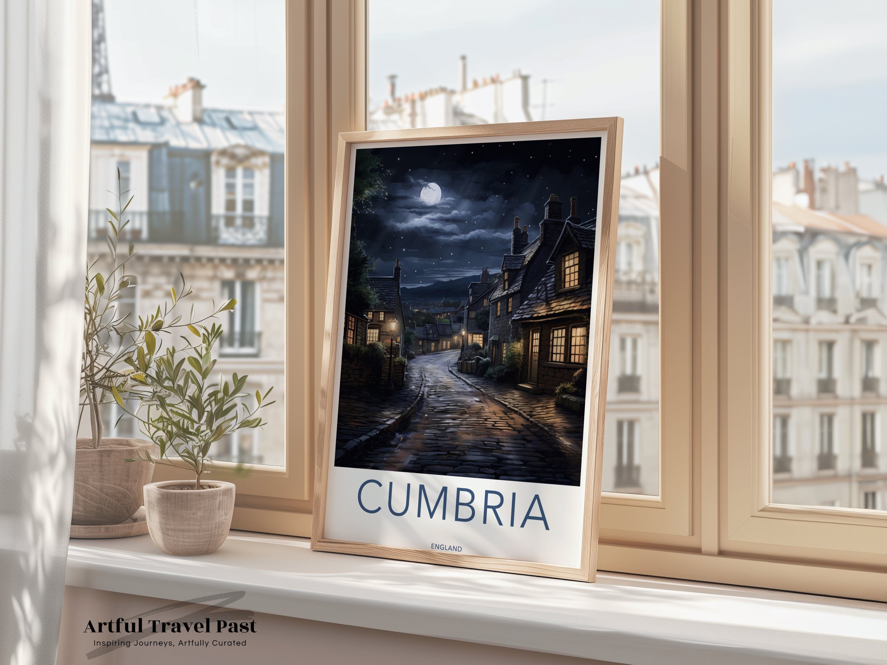 Cumbria England Wall Art, Nighttime Village Scene Art Print, Moonlit Street Artwork, Charming Cottage Decor, Countryside Illustration