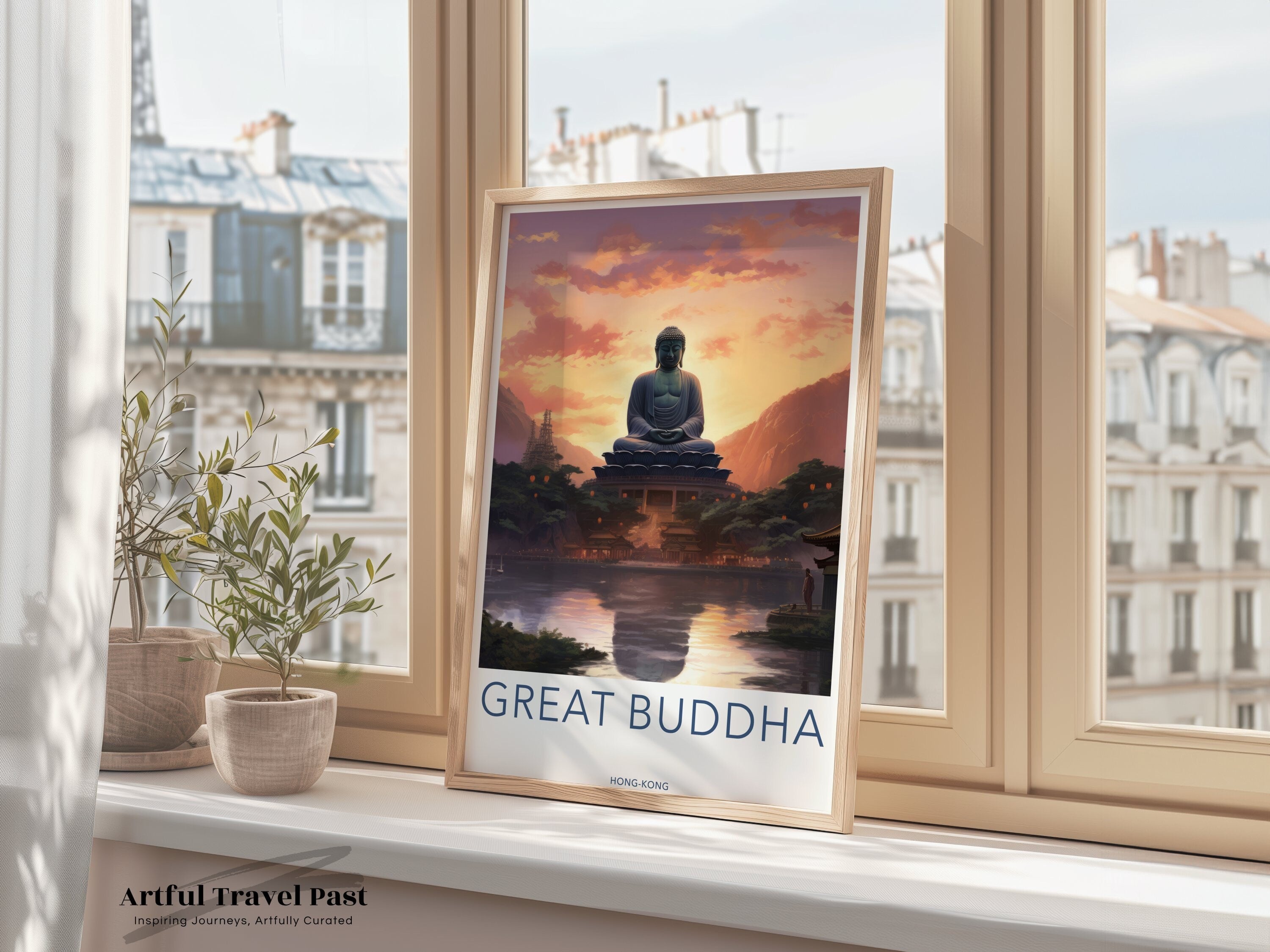 Great Buddha Wall Art, Hong Kong Sunset Scene, Tranquil Landscape, Buddhist Temple Decor, Asian Artwork Print, Spiritual Meditation Decor