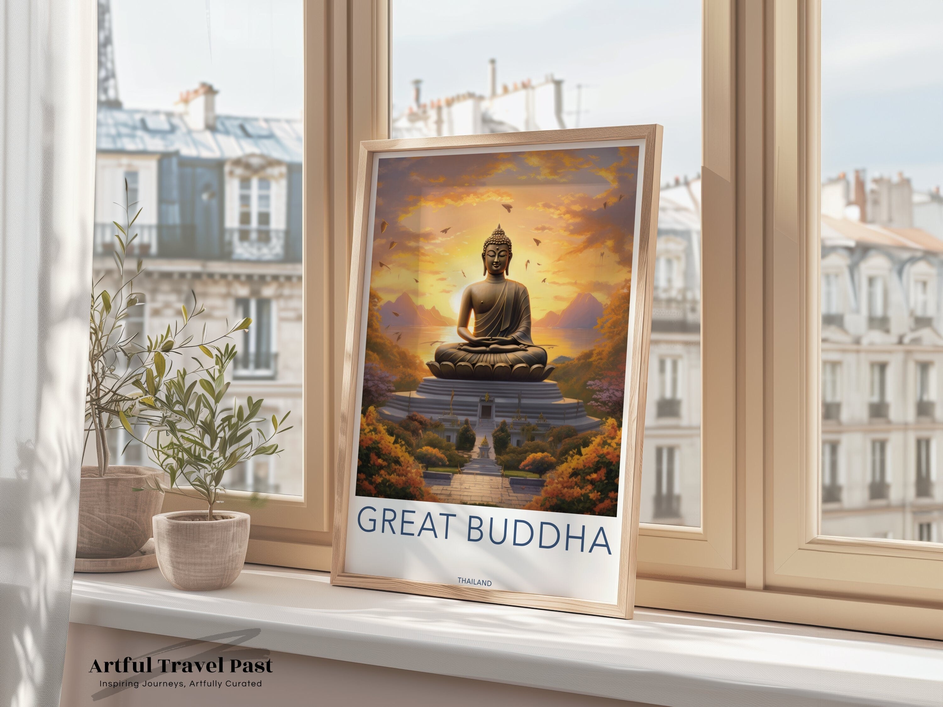 Great Buddha Wall Art, Sunset Over Thai Temple, Spiritual Decor, Tranquil Meditation, Serene Landscape, Zen Home Decor