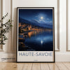 Haute-Savoie Wall Art, Nighttime Scenic Landscape, Mountain Town, Moonlit Reflection, French Alps Poster, Home or Office Decor