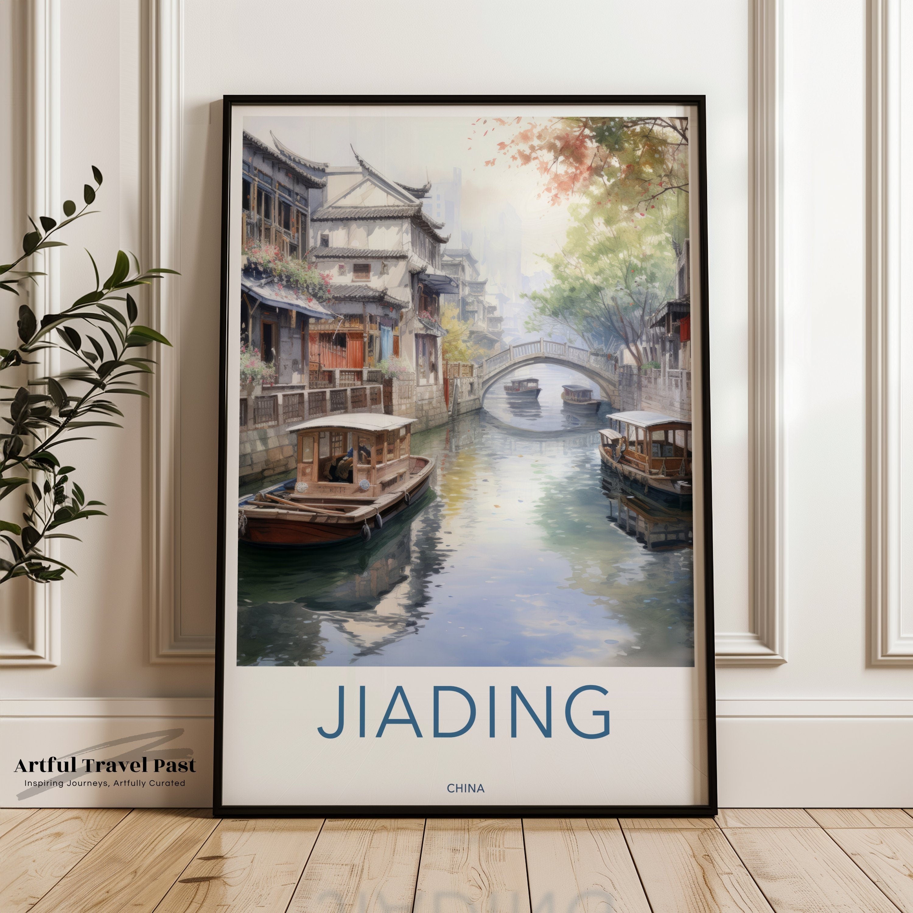 Jiading Wall Art, Chinese Canals Artwork, Historic Architecture Print, Oriental Landscape Poster, Traditional Waterways Art