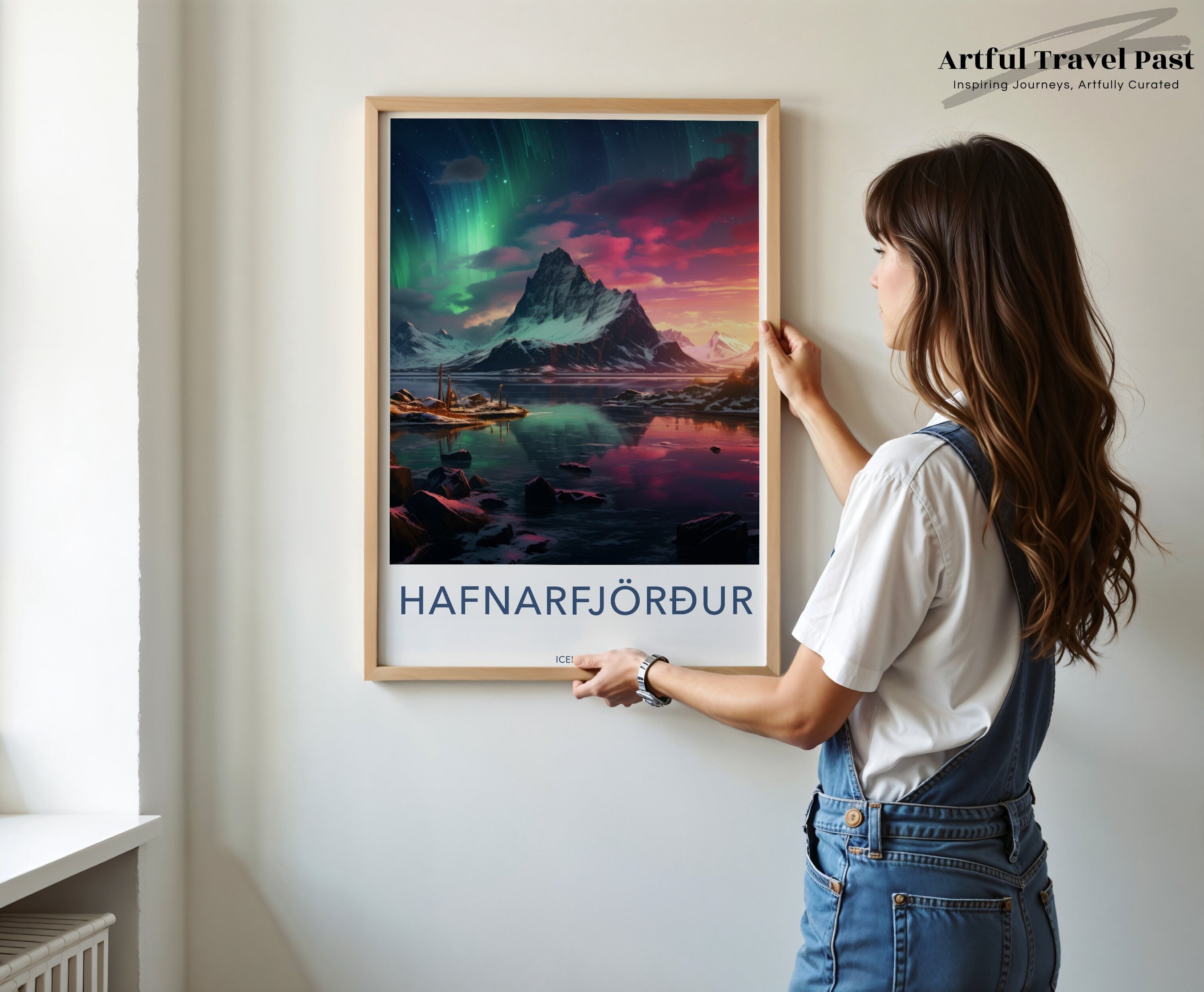 Hafnarfjörður Iceland Landscape Wall Art, Northern Lights Aurora Borealis, Mountain and Water Reflection, Scenic Nature Print