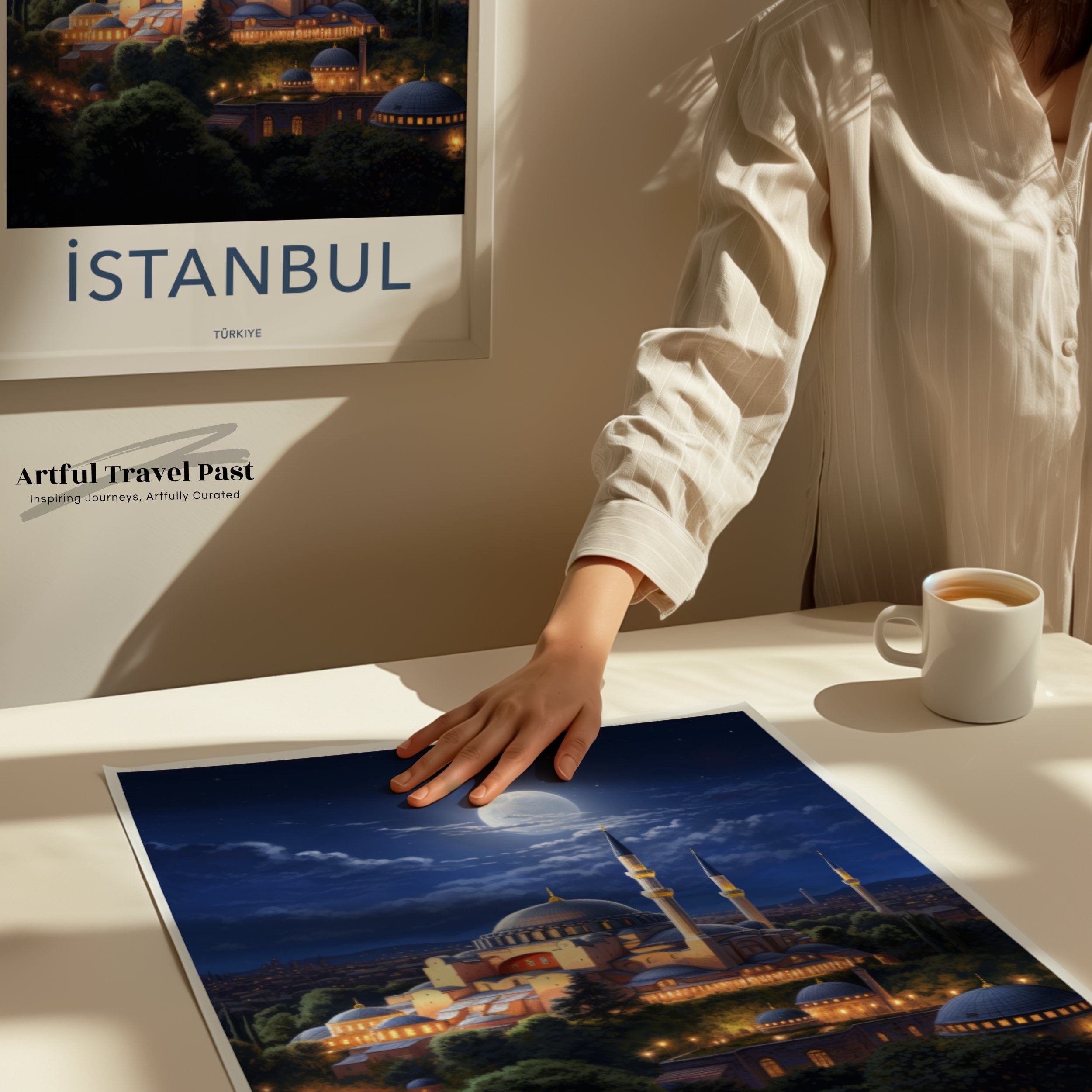 Istanbul Wall Art, Moonlit Cityscape Poster, Hagia Sophia Illustration, Nighttime Architectural Print, Turkish Cultural Landmark