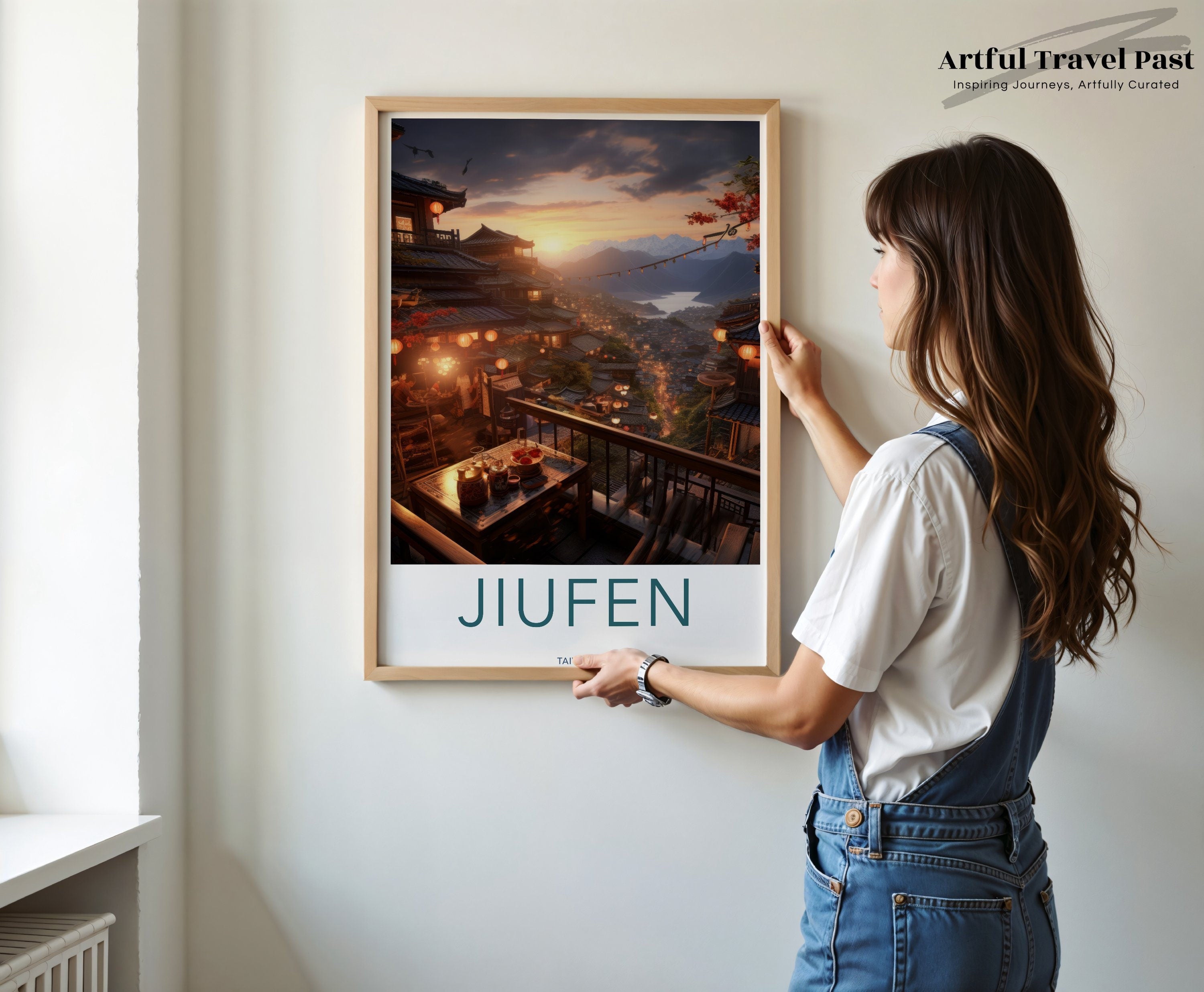 Jiufen Taiwan Sunset Scenic View Wall Art, Traditional Lanterns, Mountains, Picturesque Landscape, Charming Village Decor