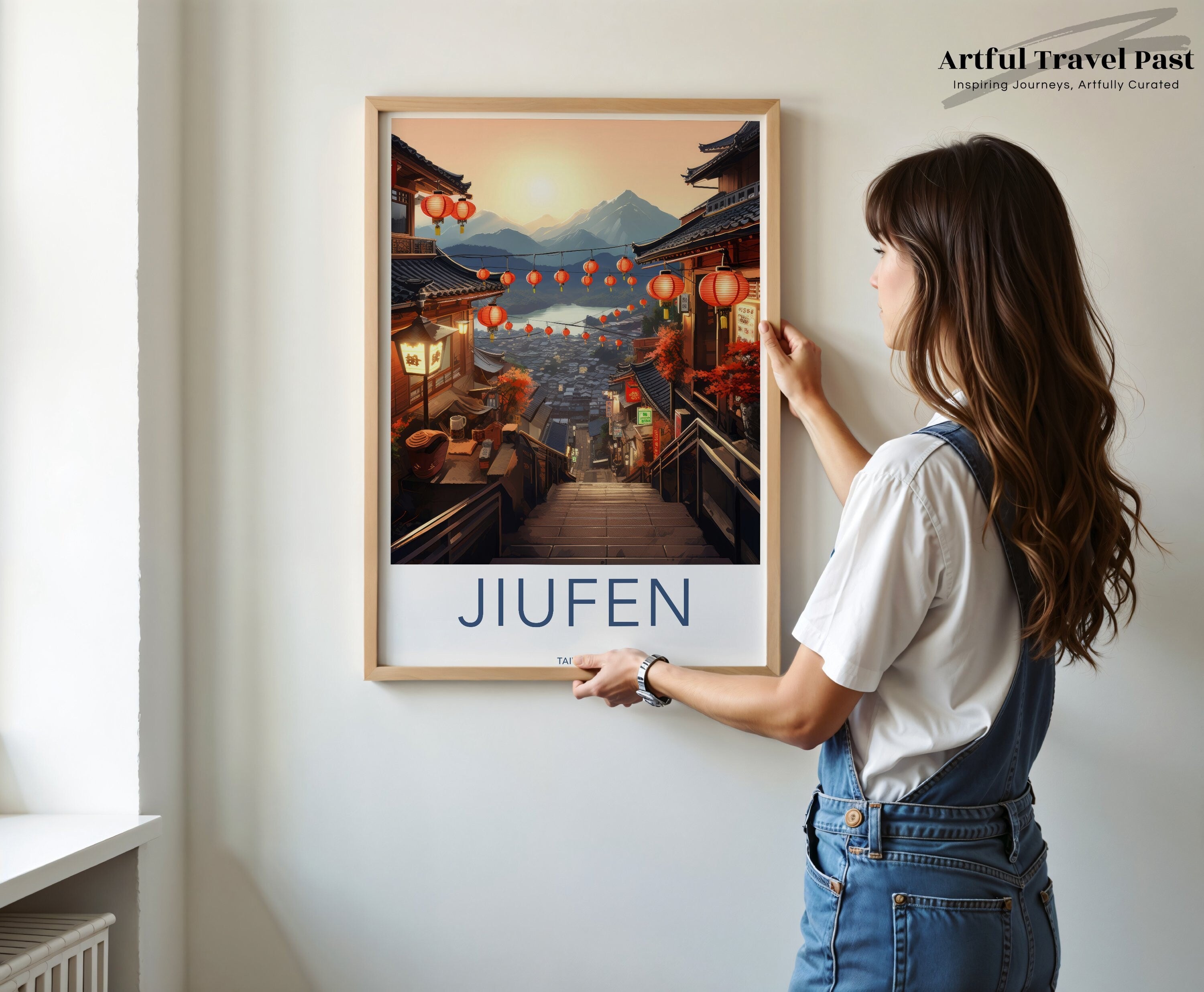 Jiufen Poster, Taiwan Wall Art, Travel Print, Scenic Landscape, Asian Decor, Lantern Street, Mountain View, Home Decor