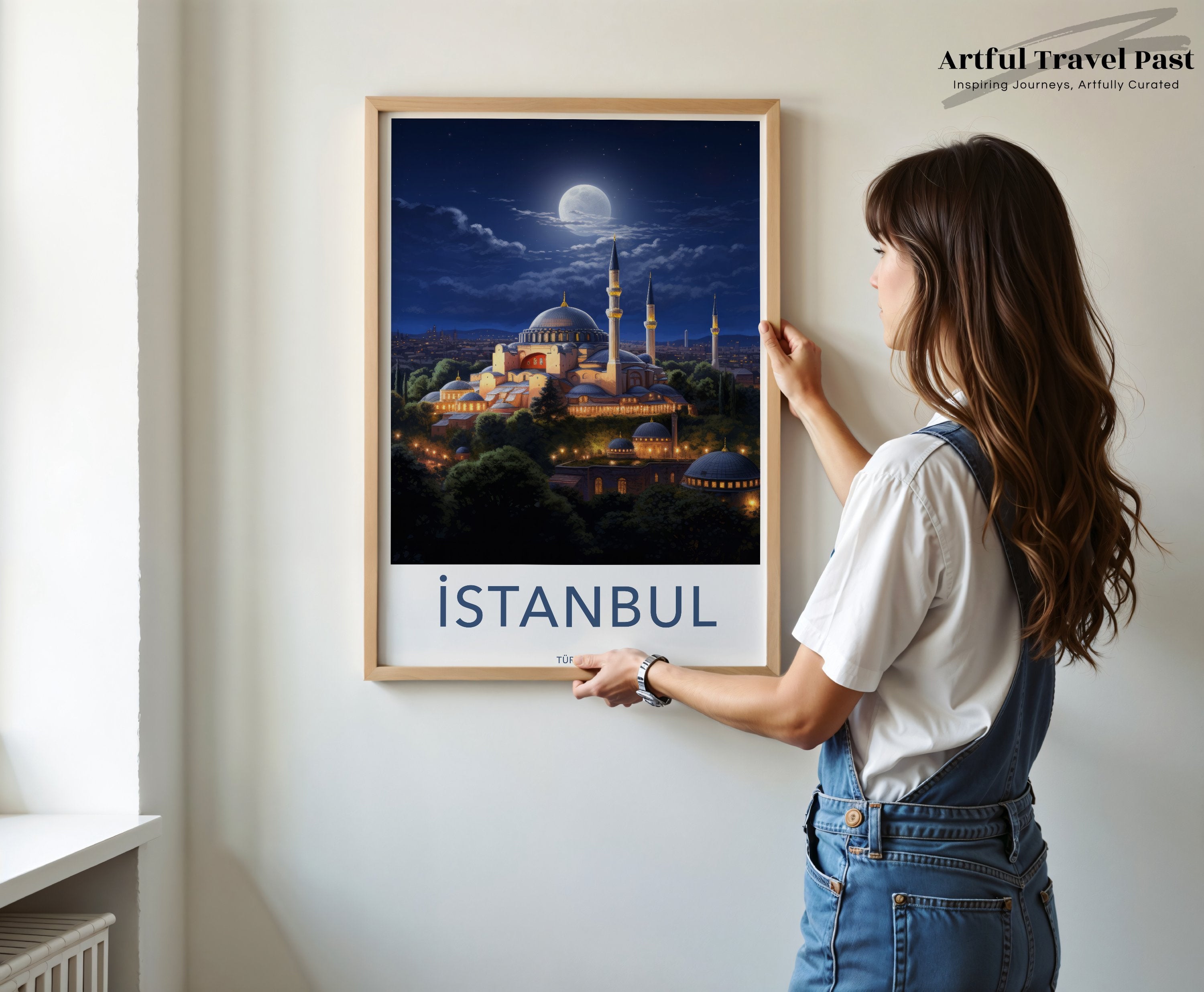 Istanbul Wall Art, Moonlit Cityscape Poster, Hagia Sophia Illustration, Nighttime Architectural Print, Turkish Cultural Landmark