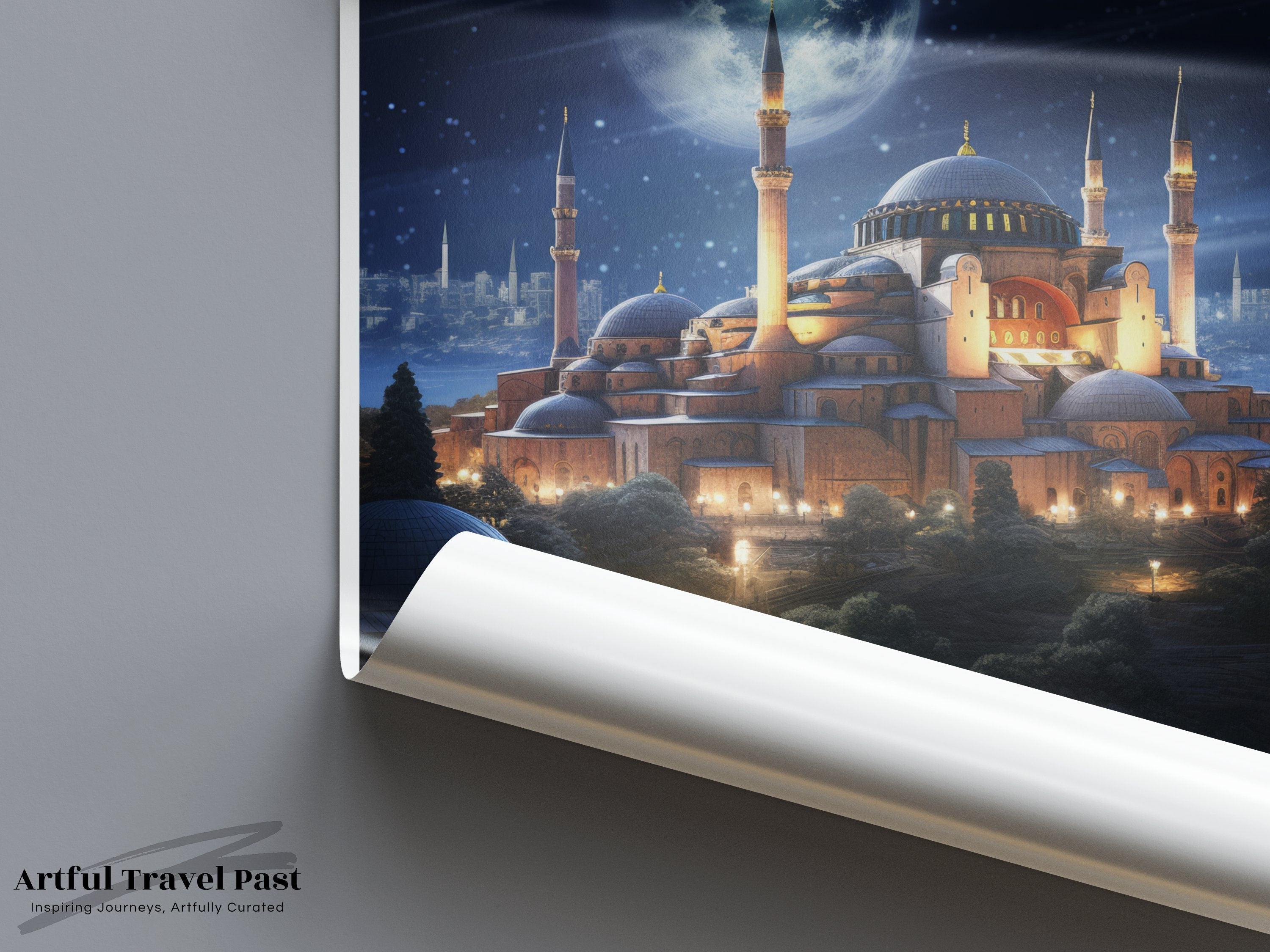 Istanbul Cityscape at Night Wall Art, Hagia Sophia Under Moonlight Print, Iconic Turkish Landmark Decor, Vintage Travel Poster