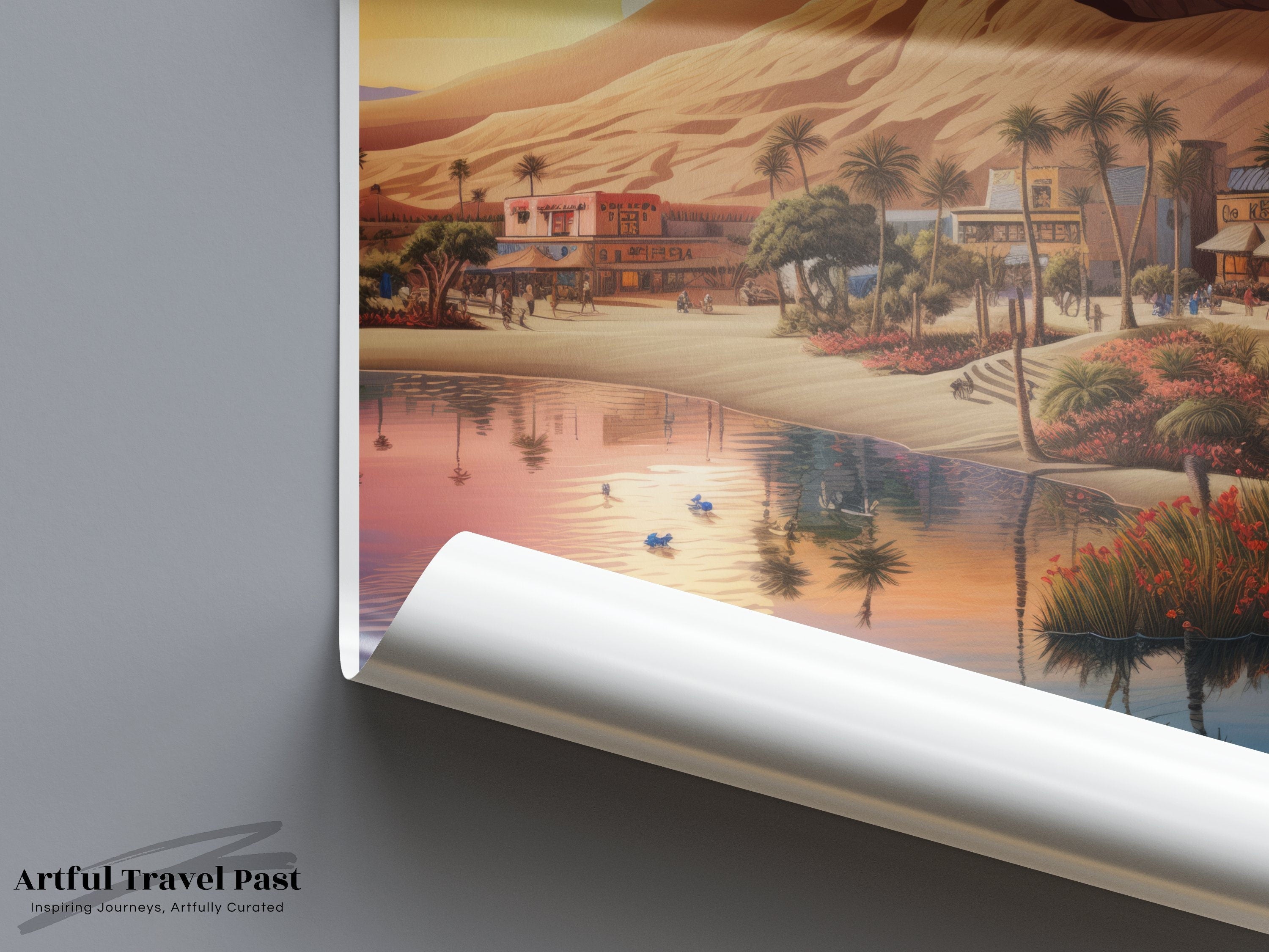 Huacachina Dreamy Dusk Wall Art, Peru Desert Oasis Print, Colorful Sunset Landscape, Serene Water Reflection, Bohemian Home Decor