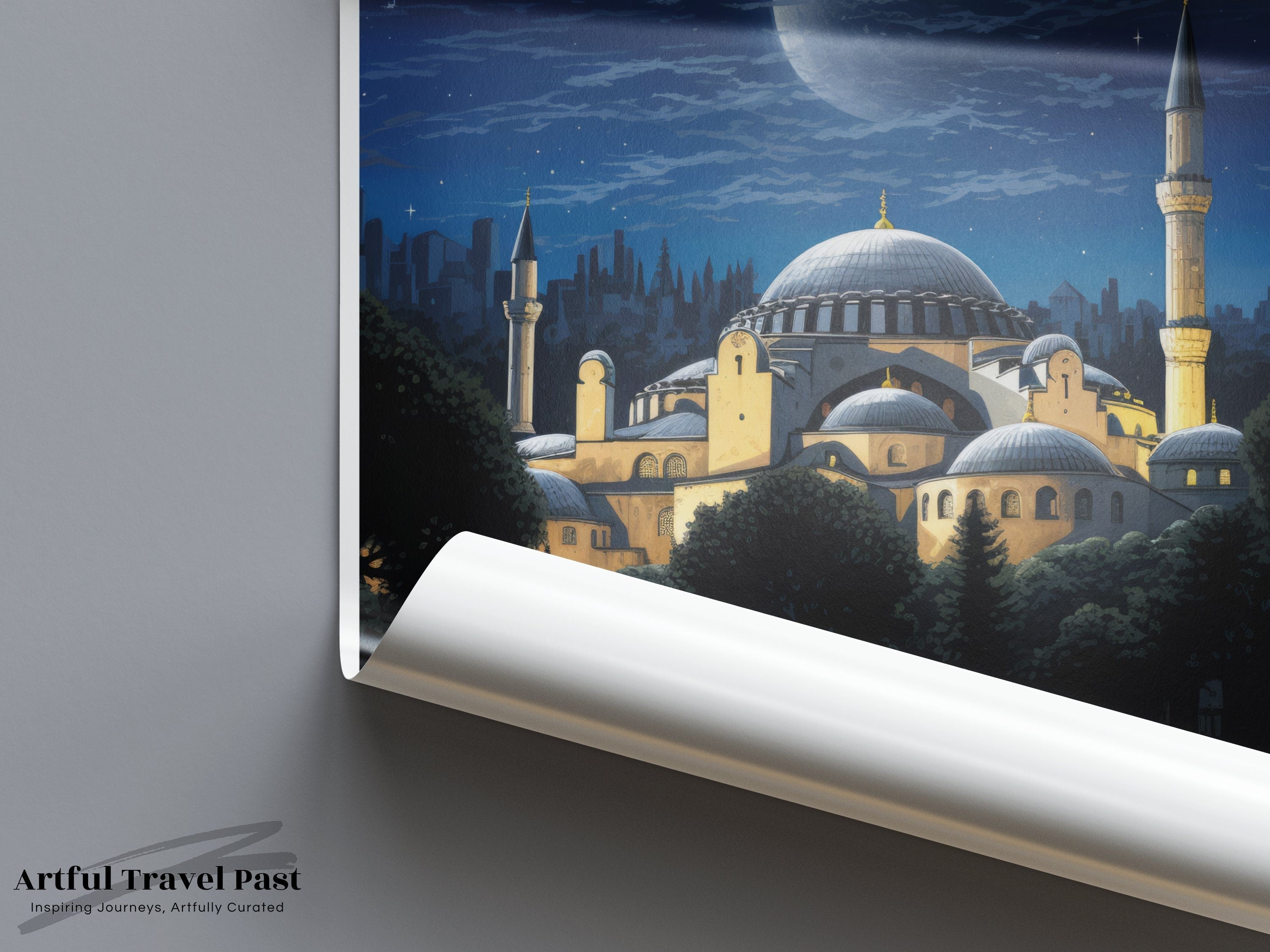 Hagia Sophia Wall Art, Historic Landmark Print, Night View with Moon, Architectural Wonders, Cultural Significance