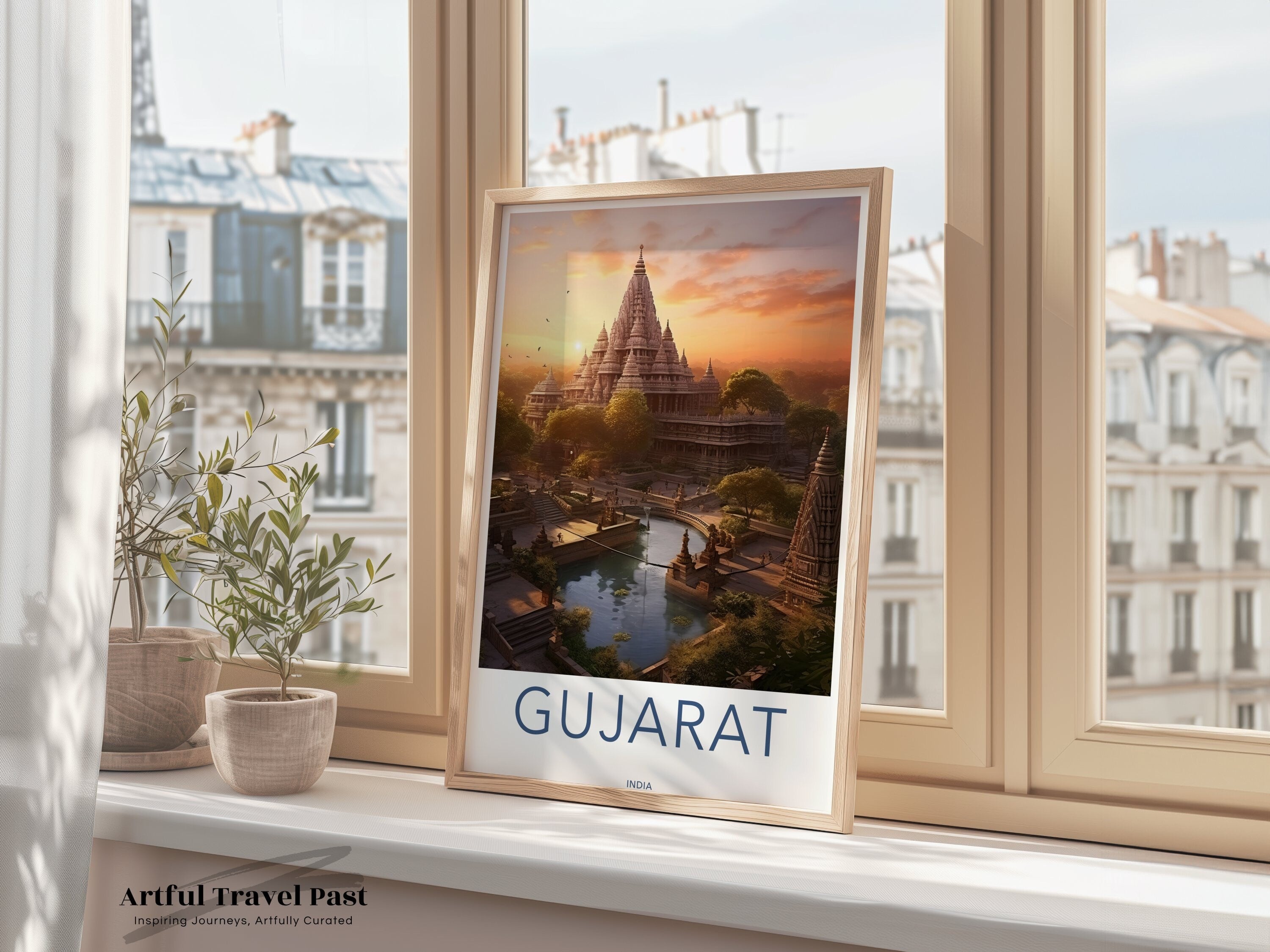 Sunset over Ancient Temple, Gujarat Wall Art, Architectural Wonders, Cultural Landmarks, Vibrant Colors, Historic Location