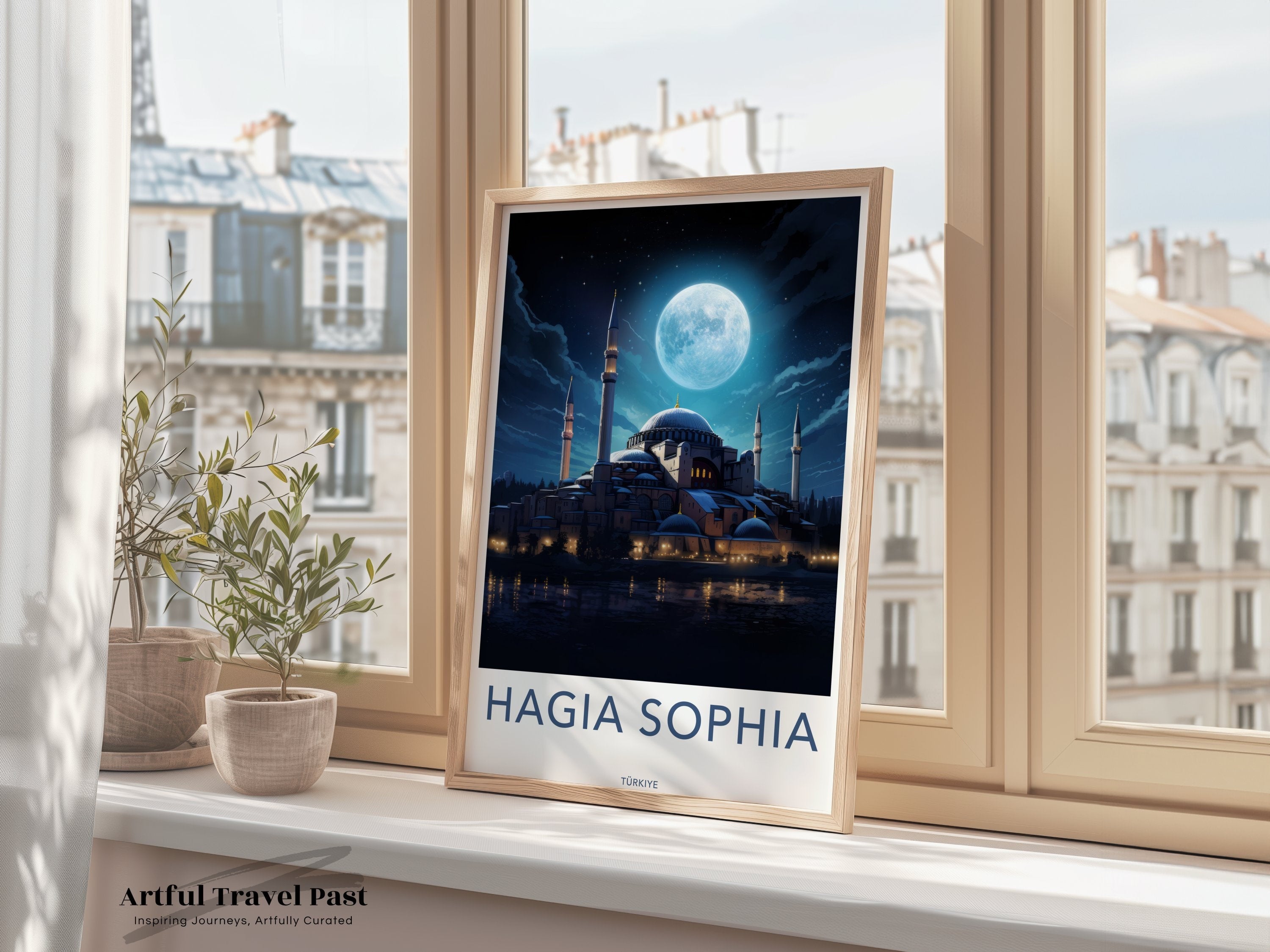 Hagia Sophia Wall Art, Turkiye Landmark Poster, Moonlit Architectural Print, Historic Building Artwork, Cultural Heritage Decor