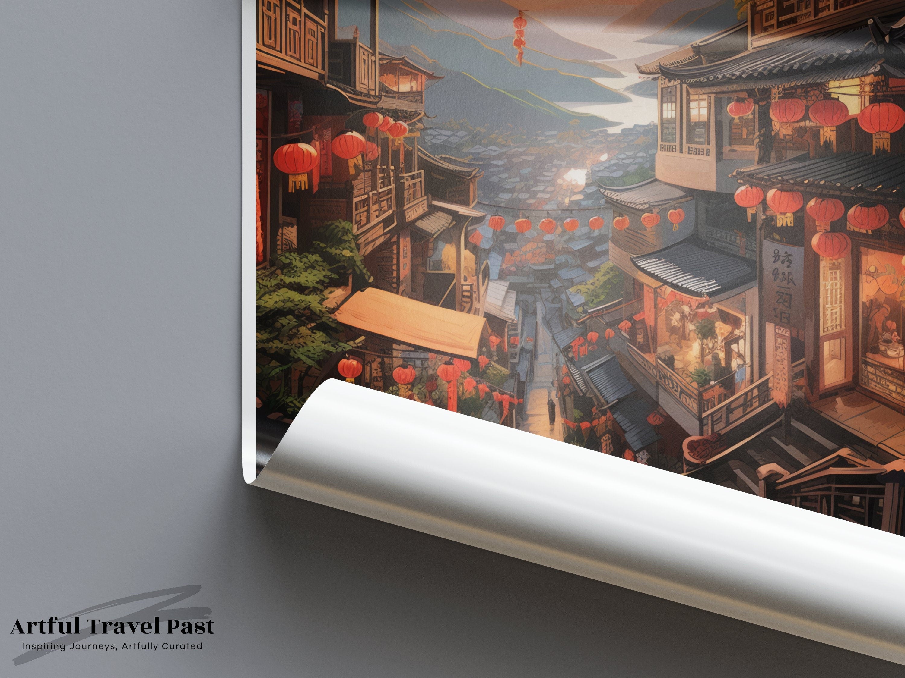 Jiufen Taiwan Wall Art, Stunning Sunset Landscape, Traditional Architecture, Chinese Lanterns, Asian Culture Artwork, Travel Decor