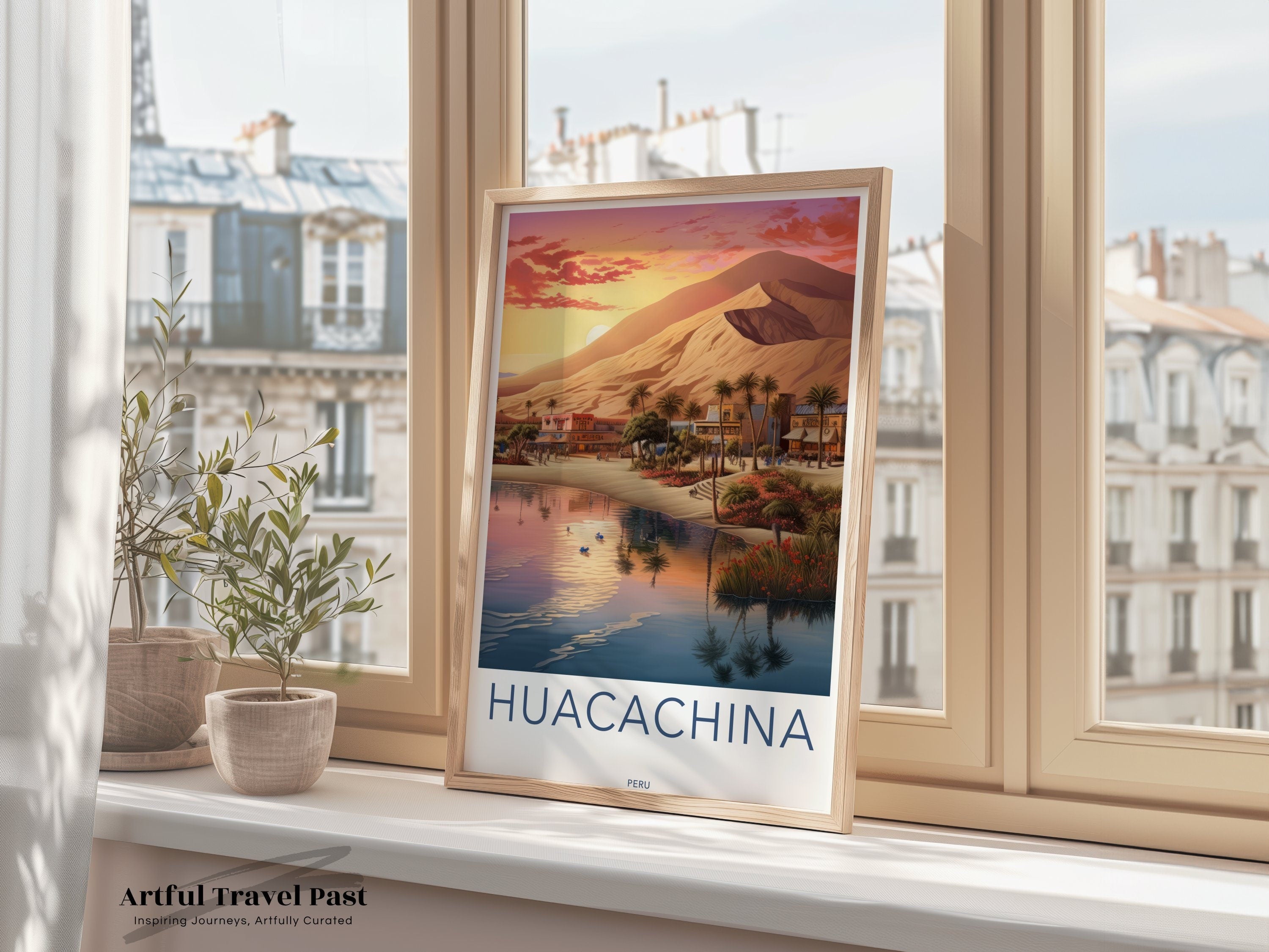 Huacachina Dreamy Dusk Wall Art, Peru Desert Oasis Print, Colorful Sunset Landscape, Serene Water Reflection, Bohemian Home Decor