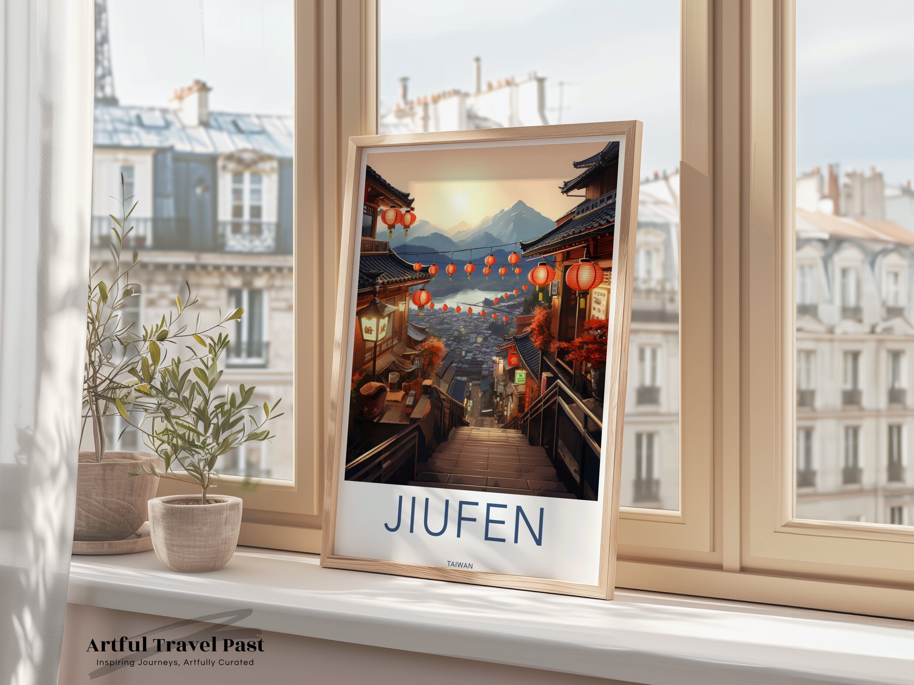 Jiufen Poster, Taiwan Wall Art, Travel Print, Scenic Landscape, Asian Decor, Lantern Street, Mountain View, Home Decor