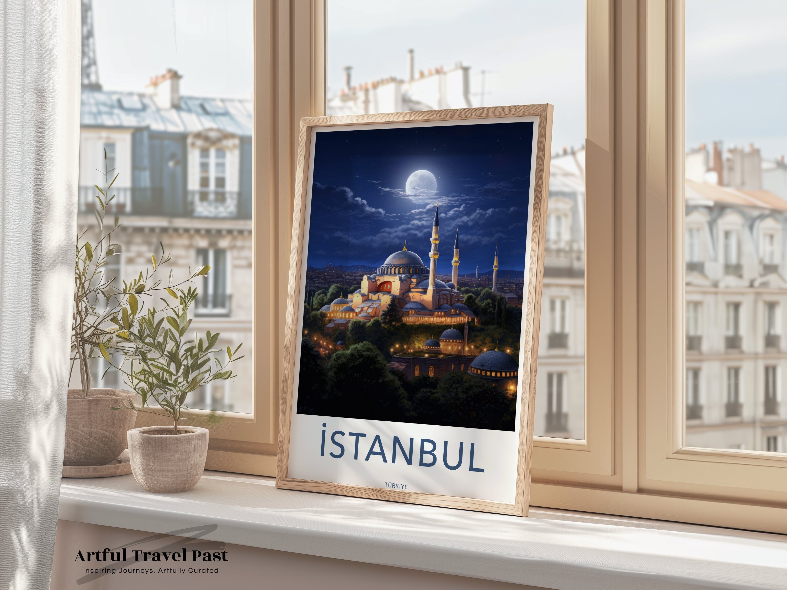 Istanbul Wall Art, Moonlit Cityscape Poster, Hagia Sophia Illustration, Nighttime Architectural Print, Turkish Cultural Landmark