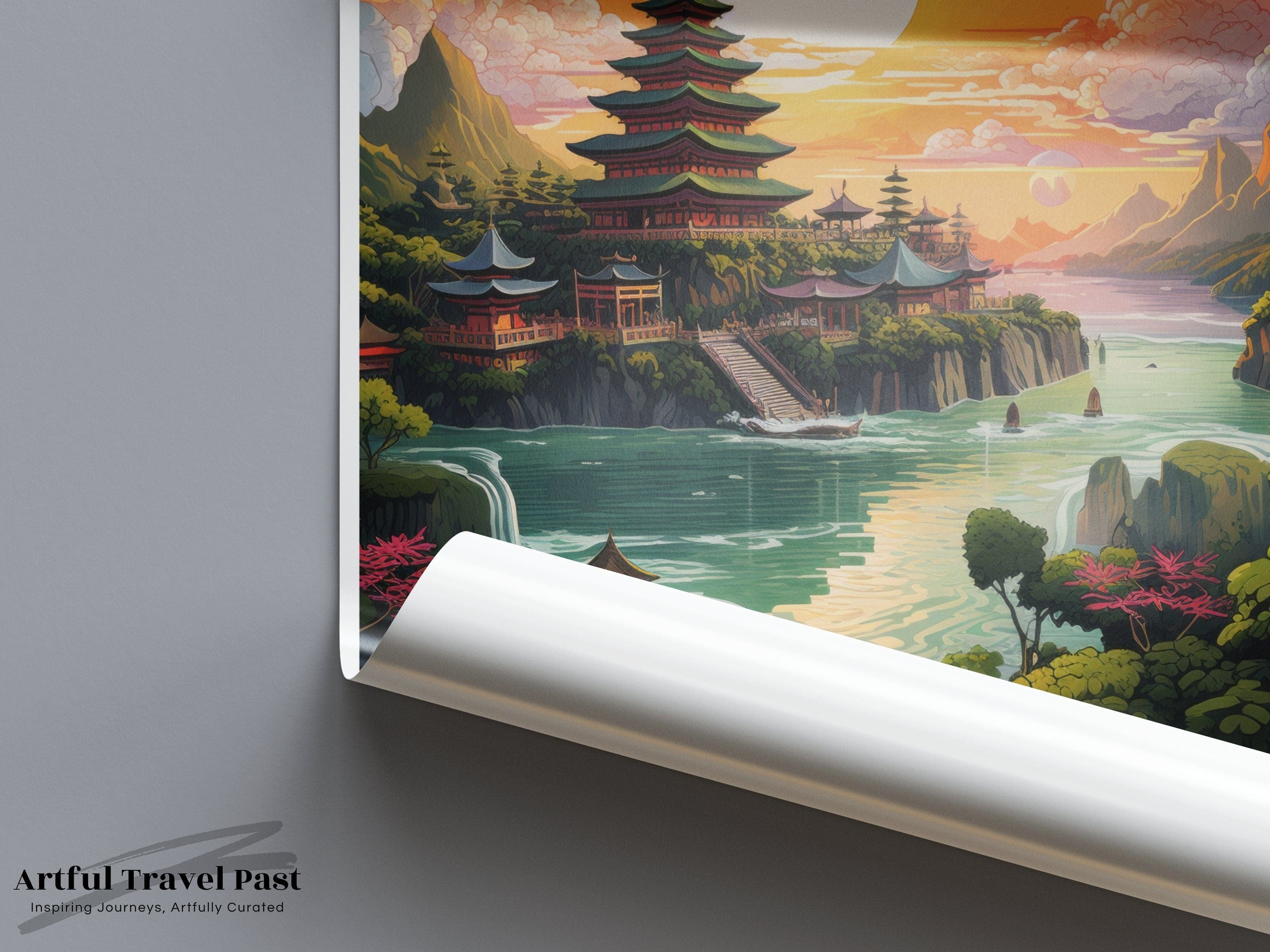 Wall Art Bali Poster | Pagoda Sunset | Indonesia Wall Art