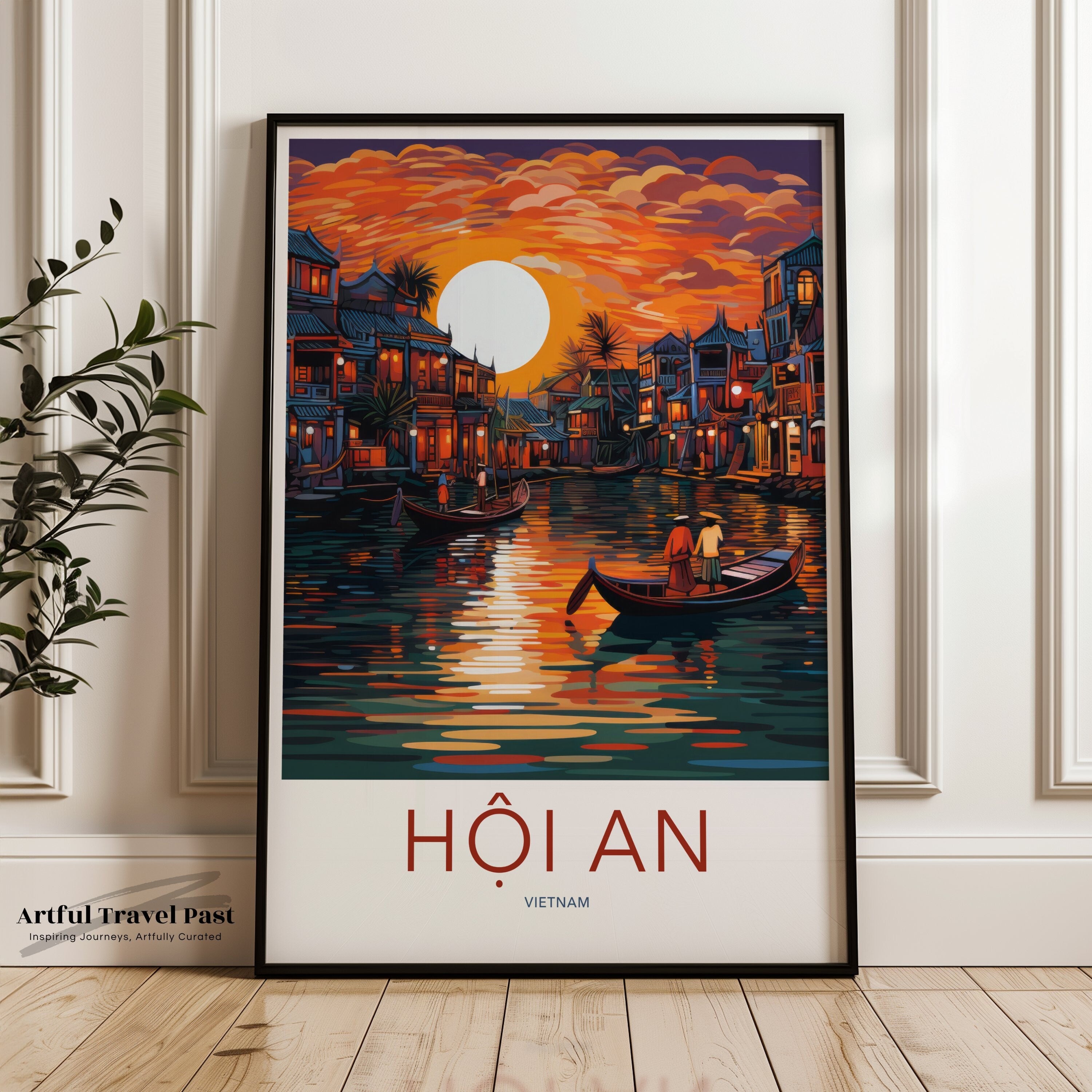 Hoi An Vietnam Wall Art, Vietnamese Cityscape Poster, Sunset River View with Boats, Traditional Vietnamese Houses, Travel Decor