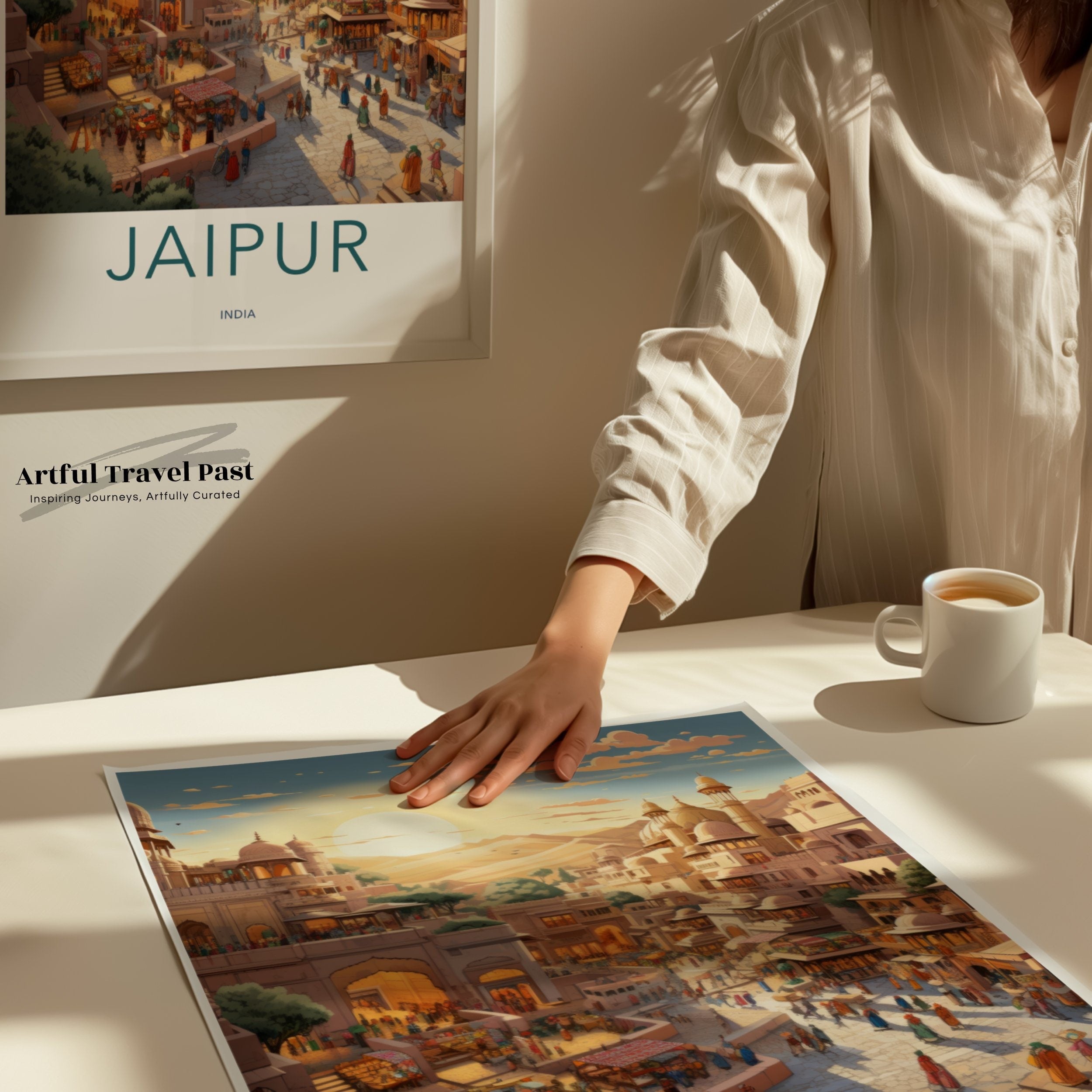 Jaipur India cityscape, picturesque sunset city view, vibrant market scene, architectural wonders, wall art decor print