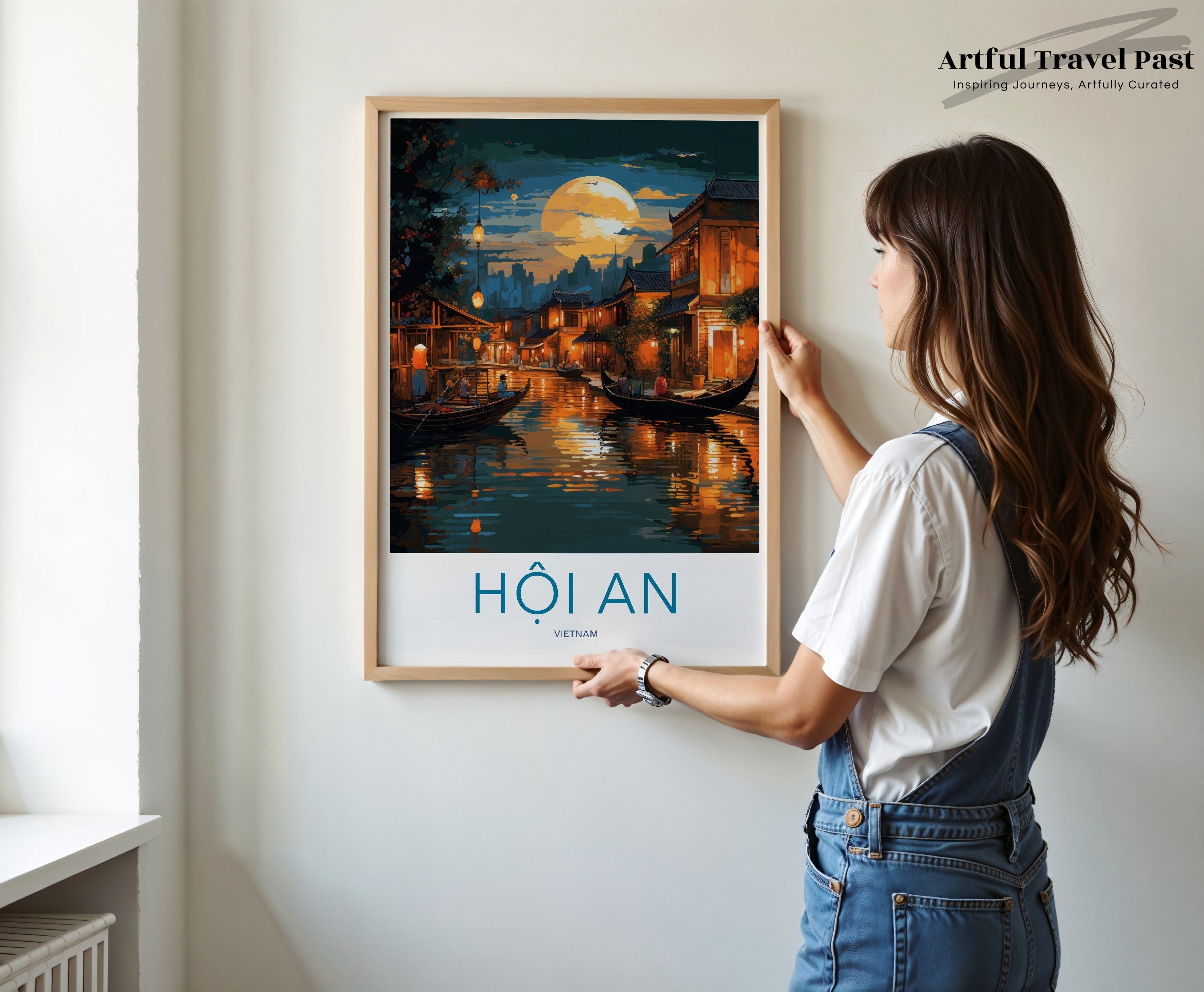 Hoi An Vietnam Wall Art Print, Sunset Reflection Painting, Asian Cityscape Decor, Scenic River View, Home Decor Artwork