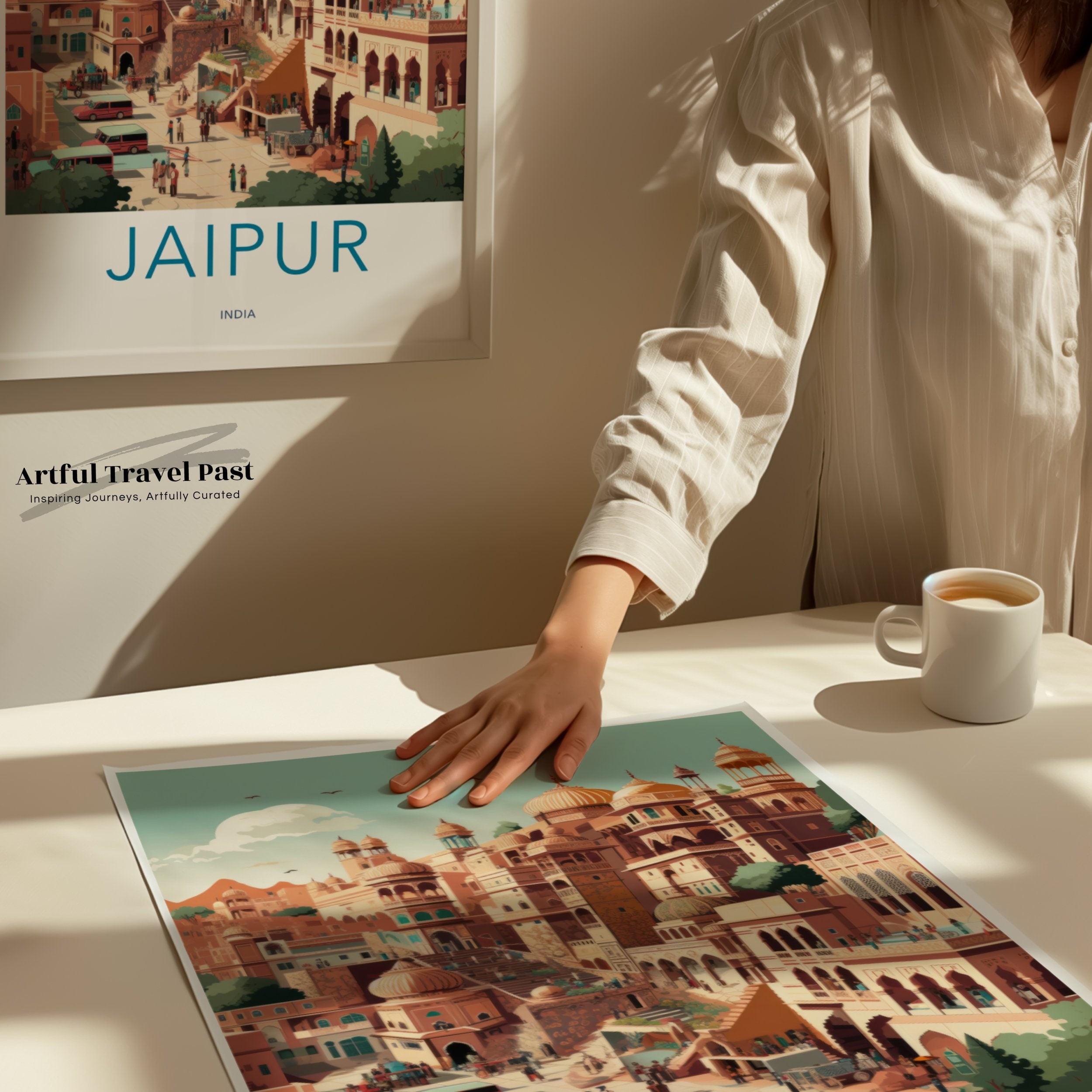 Jaipur Cityscape Illustration, Indian Architecture Wall Art, Travel Poster, Vintage Style Decor, Colorful Home Decoration