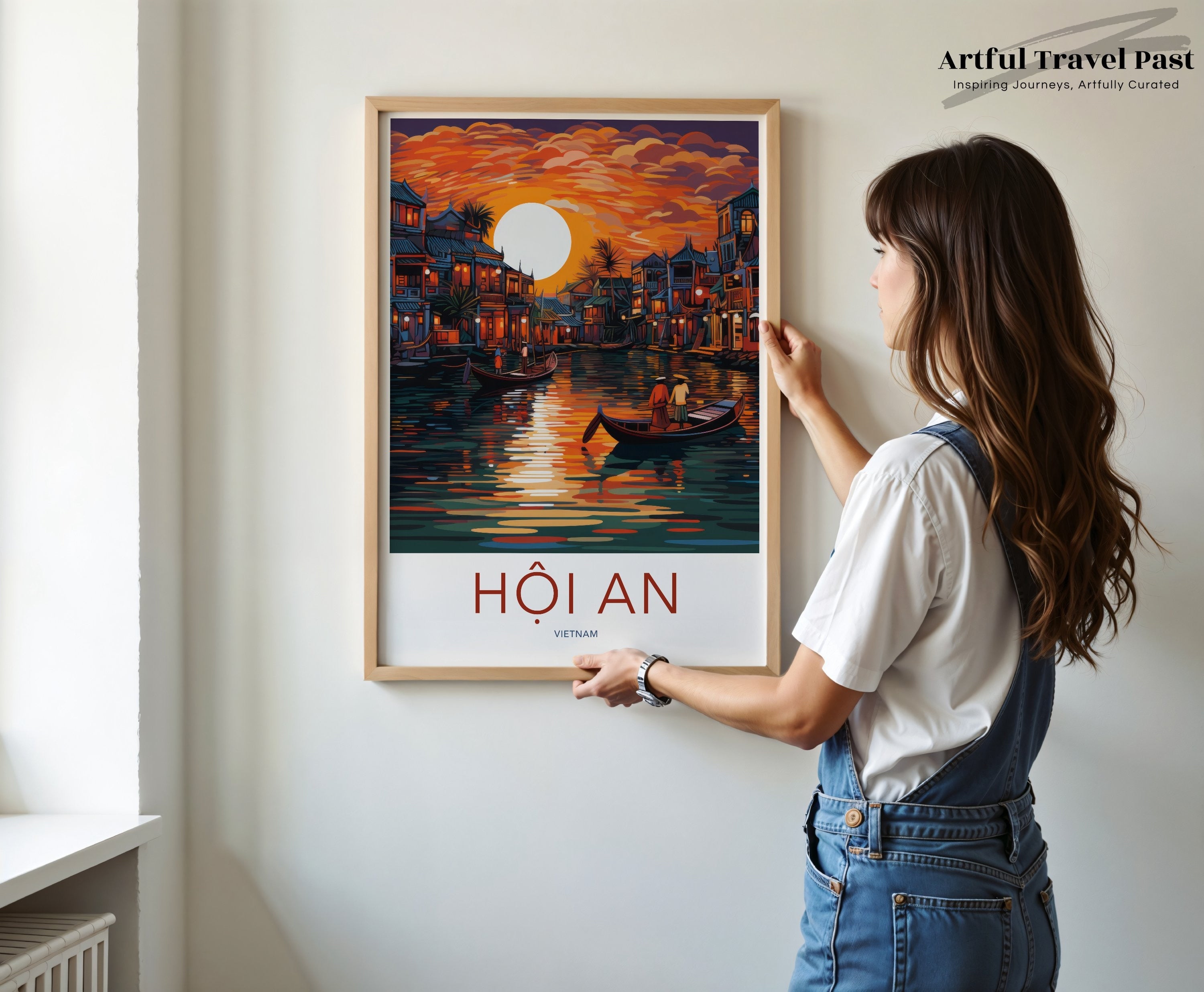 Hoi An Vietnam Wall Art, Vietnamese Cityscape Poster, Sunset River View with Boats, Traditional Vietnamese Houses, Travel Decor