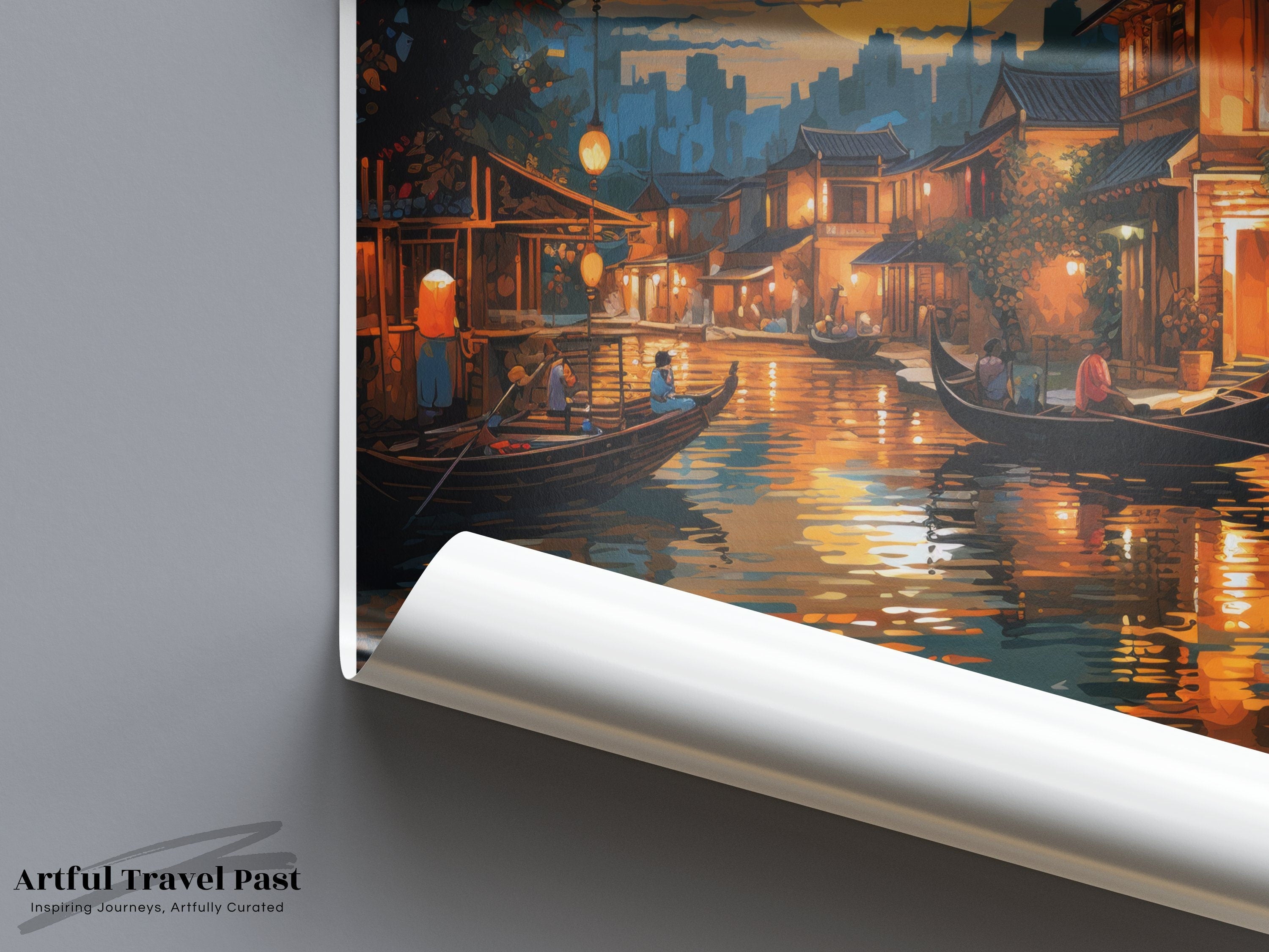 Hoi An Vietnam Wall Art Print, Sunset Reflection Painting, Asian Cityscape Decor, Scenic River View, Home Decor Artwork